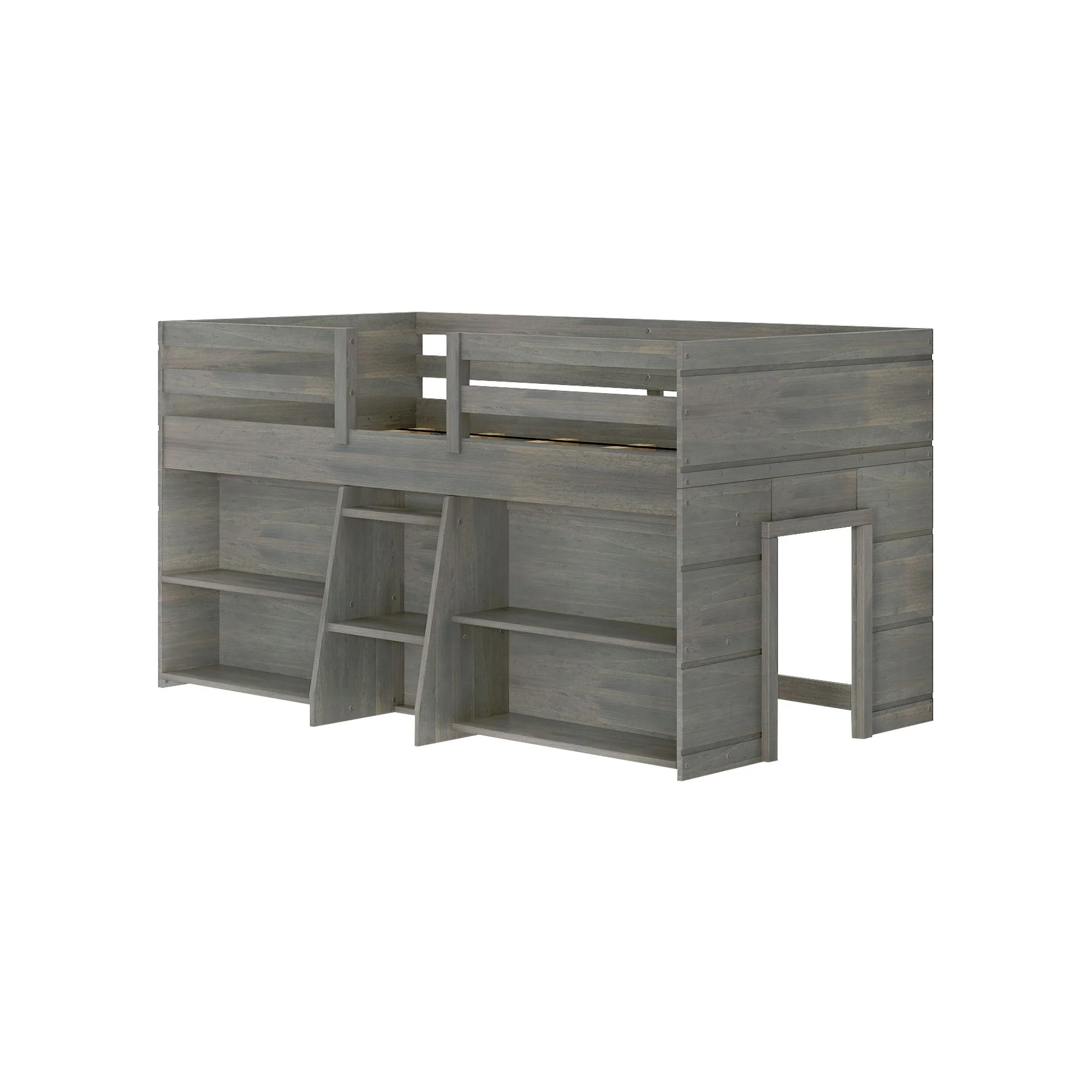 Max & Lily Modern Farmhouse Low Loft Bed, Solid Wood Twin Bed Frame for Kids with 2 Bookcases, Driftwood