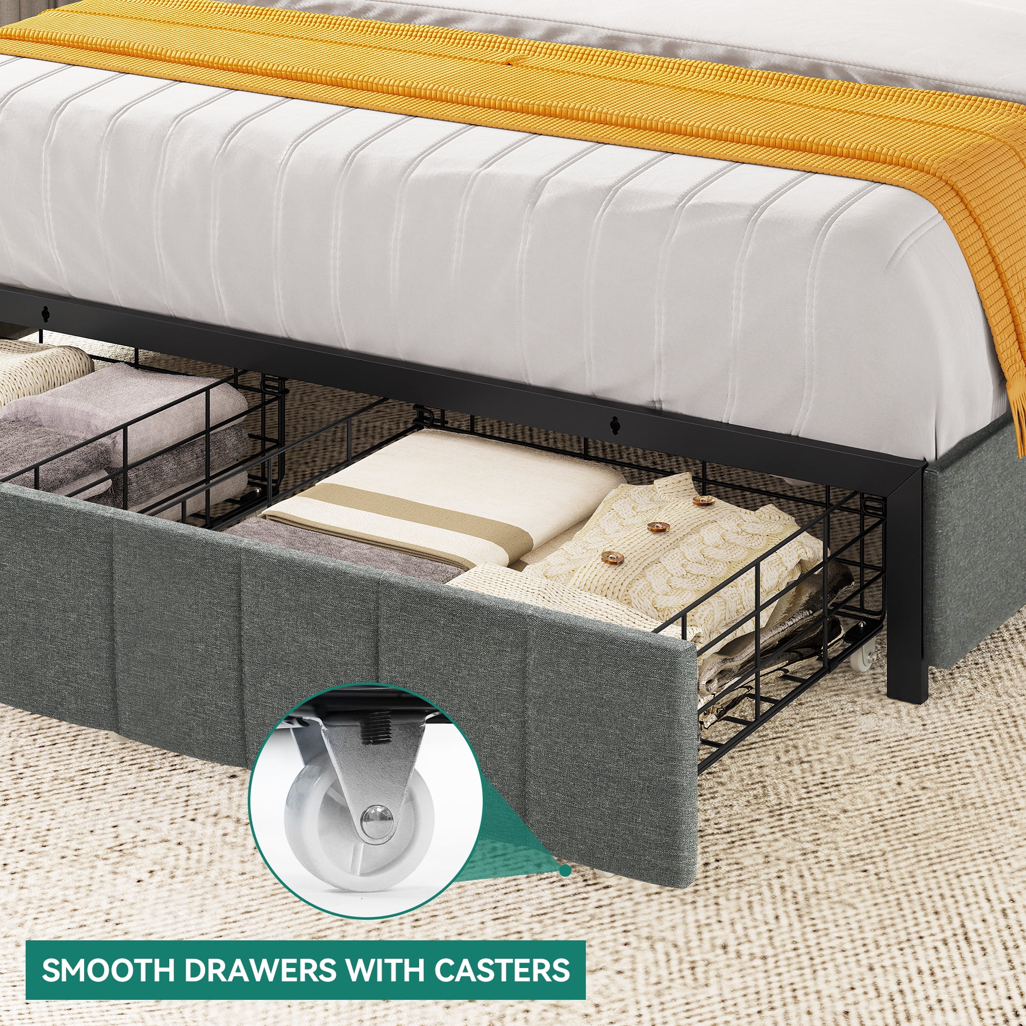 Dextrus Queen Size Bed Frame, Platform Bed with Storage Drawers, Upholstered Bed with Headboard and Strong Wood Slats Support, No Box Spring Needed, Grey