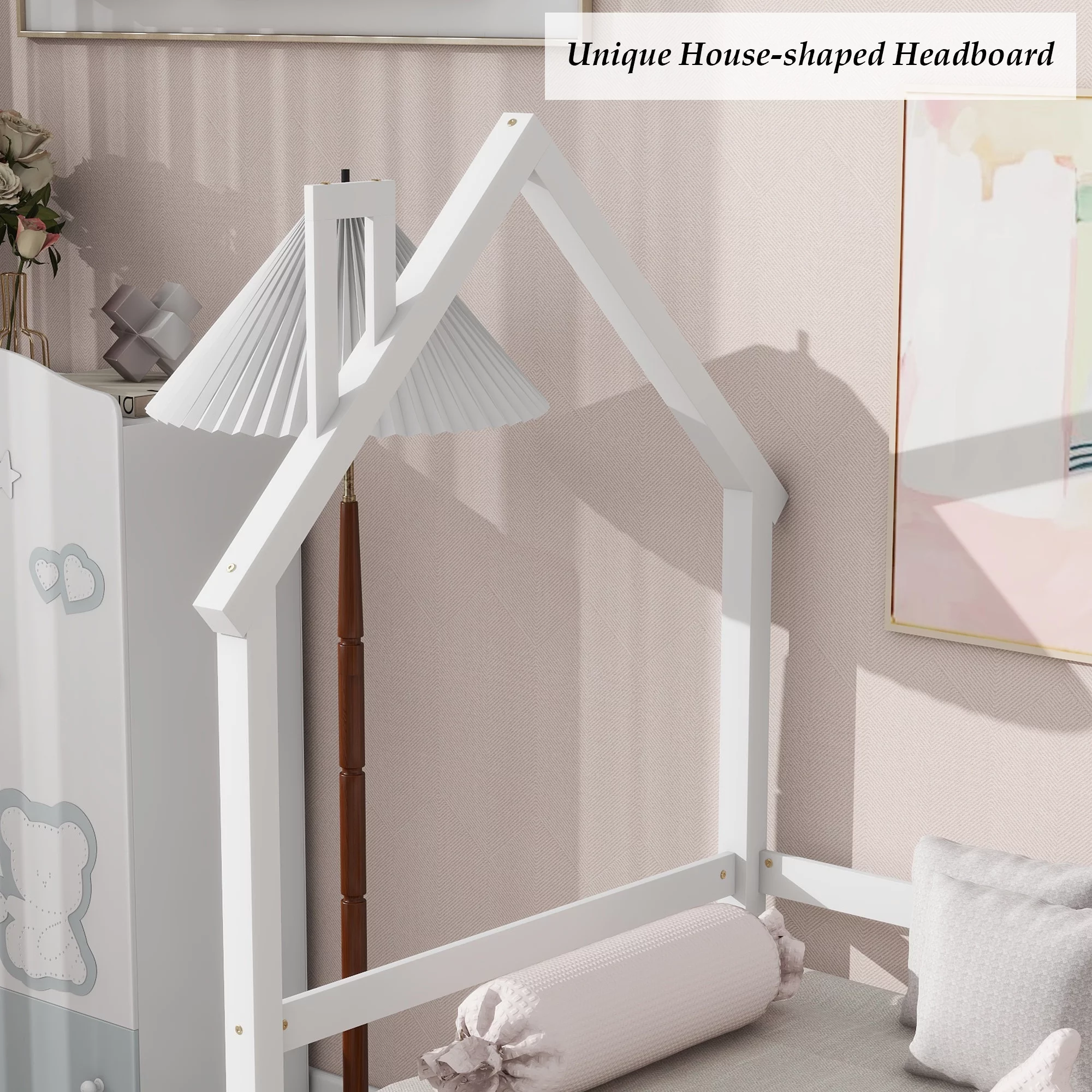 Bellemave Twin Size Daybed Bed with Trundle and House-shaped Headboard Twin Wood Platform Bed Frame with Guardrails Montessori House Bed for Kids, Toddlers, Boys, Girls, White