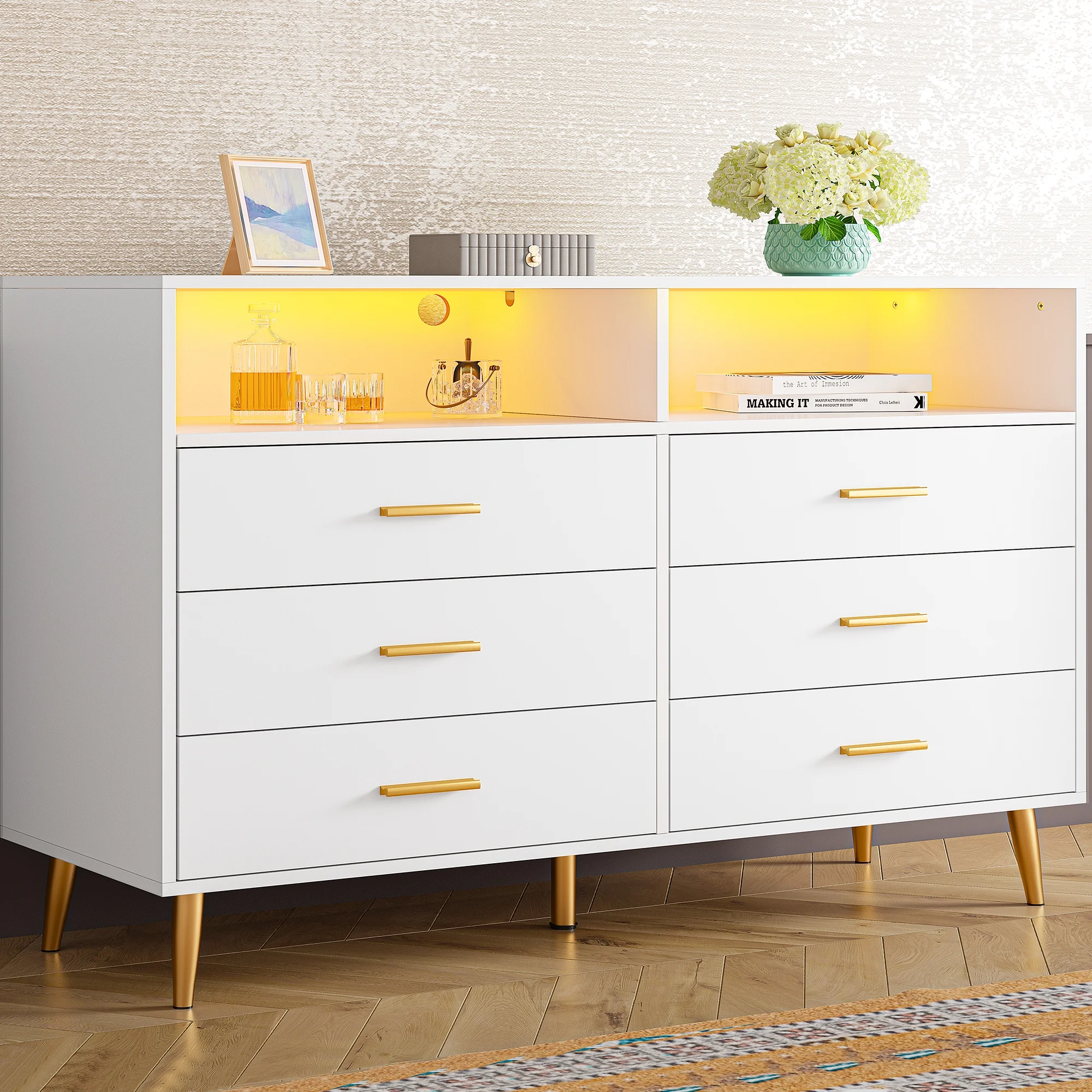EnHomee Dresser, White Dresser with 6 Deep Drawers, Drawer Dresser with LED Lights, TV Stand Dressers & Chests of Drawers Wood Dresser for Bedroom,Wide Led Dressers,White