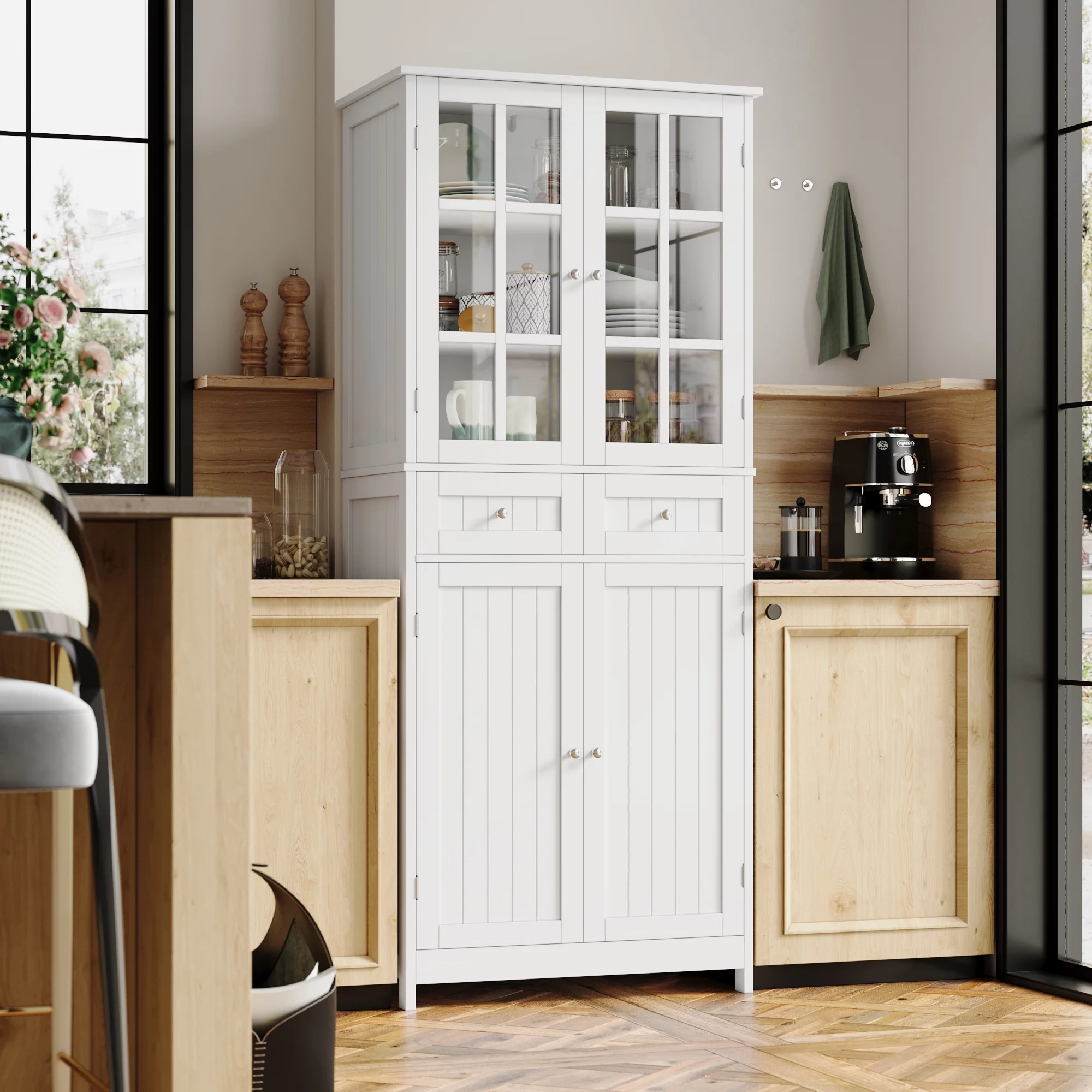 Homfa kitchen Pantry Cabinet with Glass Doors, 71'' Tall Storage Cabinet for Dining Room Living Room, White