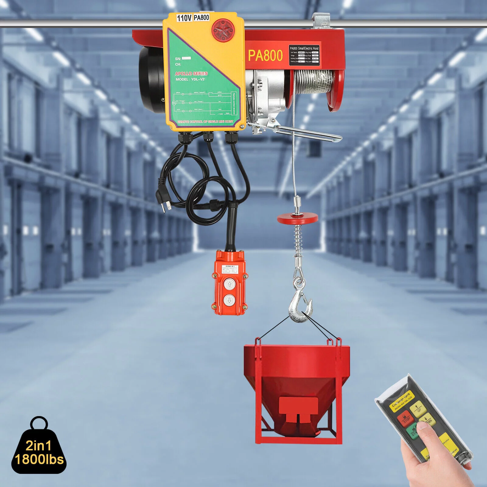 Automatic Electric Cable Hoist, Wireless Remote Control, 110V 1450W Overhead Pulley Winch with Towing Sling, 39 ft Cable Length, Electric Winch for Garage, Warehouse, Construction, Farm