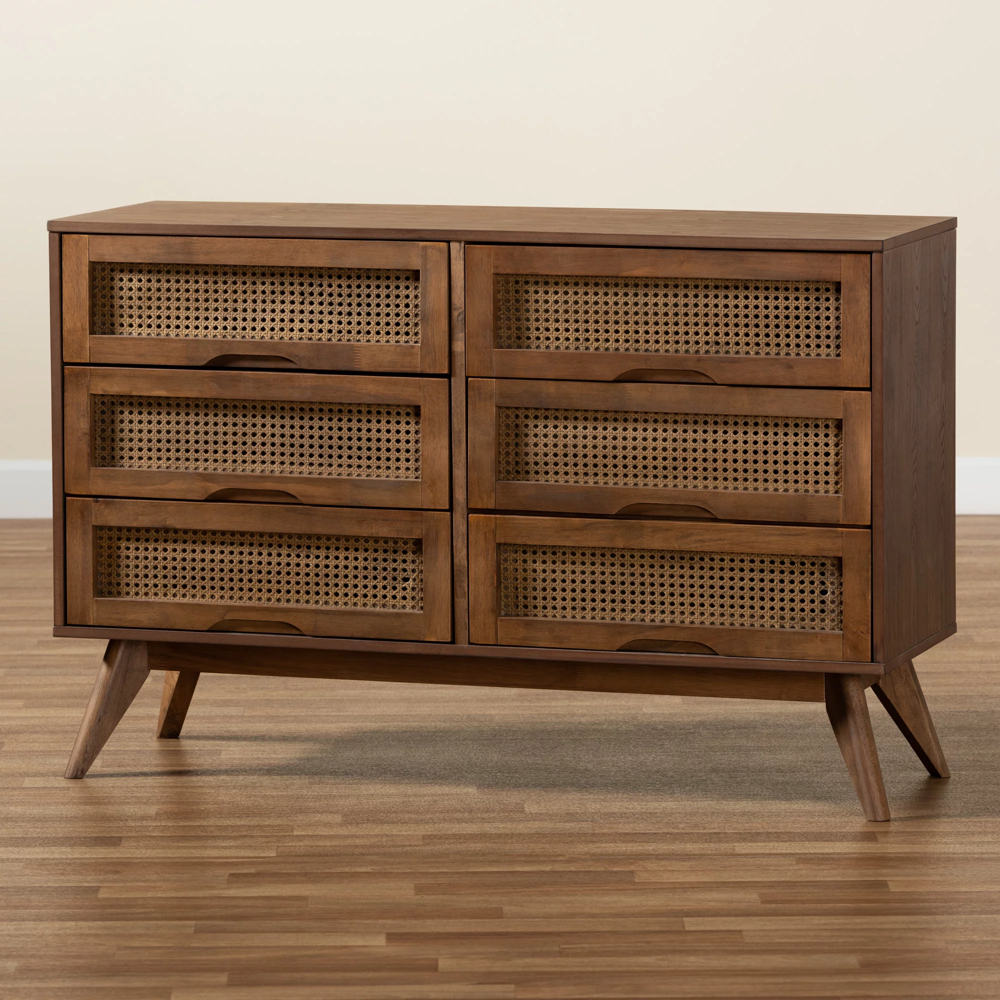Baxton Studio Barrett Mid-Century Modern Walnut Brown Finished Wood and Synthetic Rattan 6-Drawer Dresser