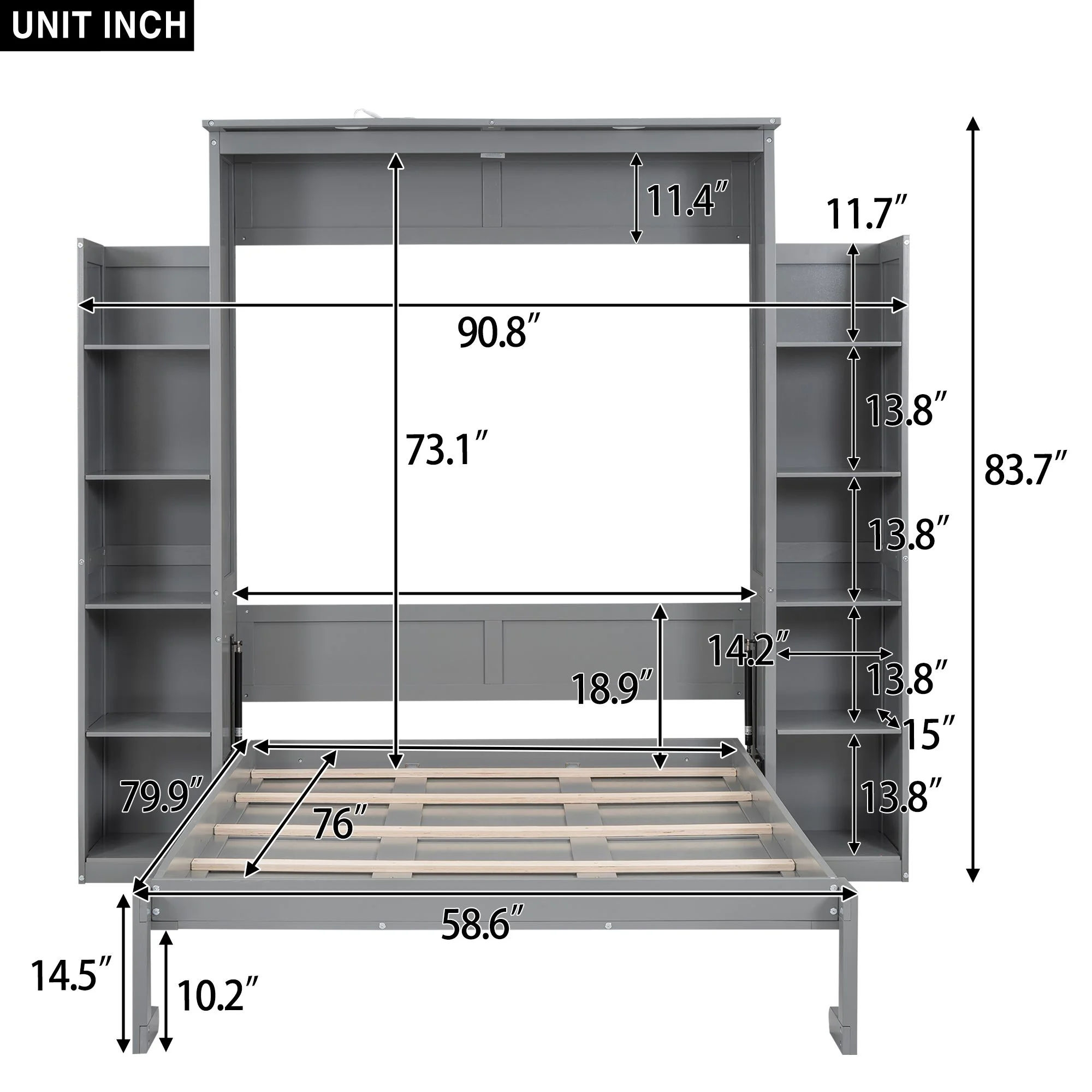 Practical Design Solid Wood Bed Frame Murphy Bed Wall Bed with Shelves and LED Lights, Platform Bed Frame, Mid Century Bedframe, Wood Foundation(Gray, Full)