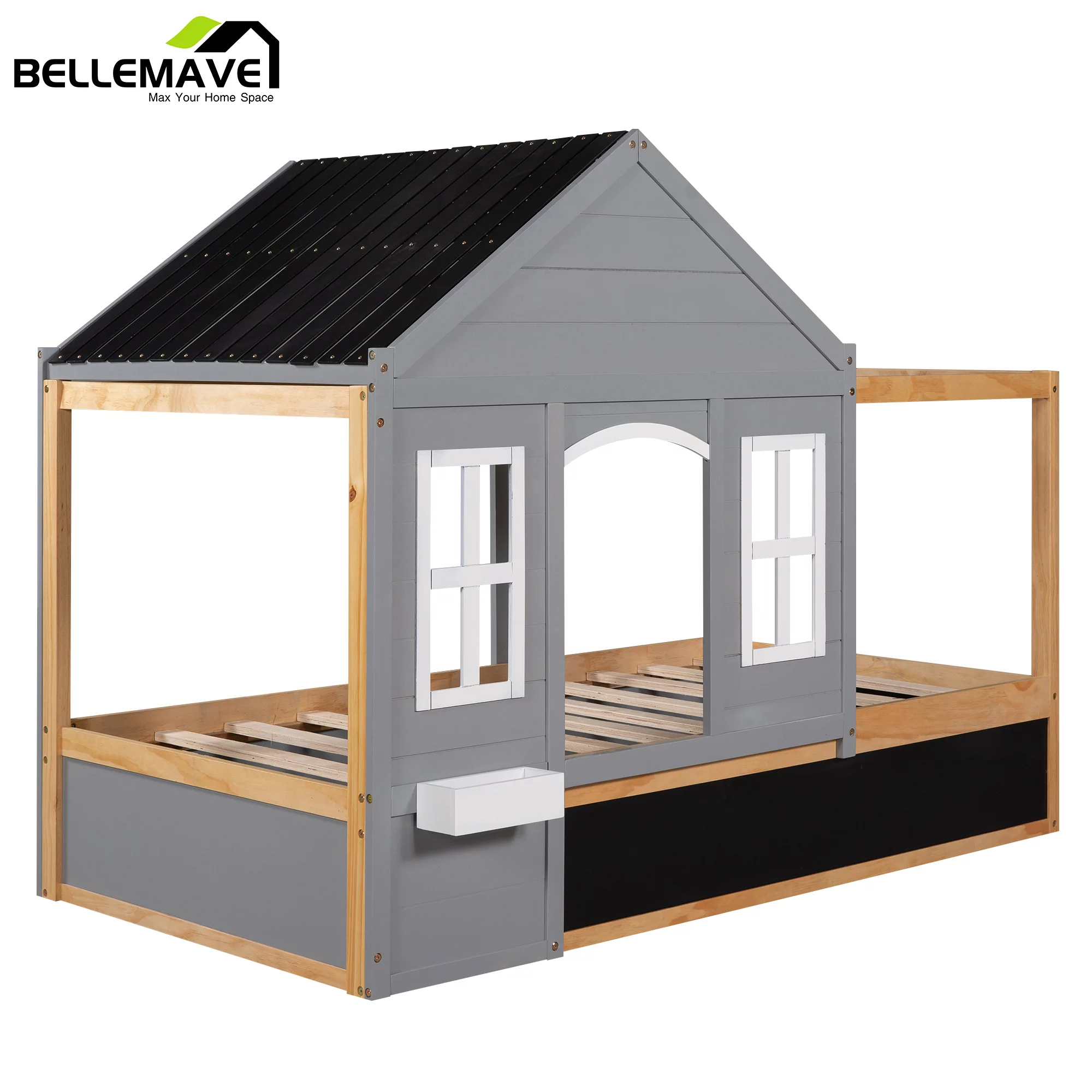 Bellameve Gray Twin Size Kids Canopy Platform Bed with Roof, Window, Blackboard and Little Shelf, Wood House Shaped Kids Platform Bed Daybed for Bedroom Living Room