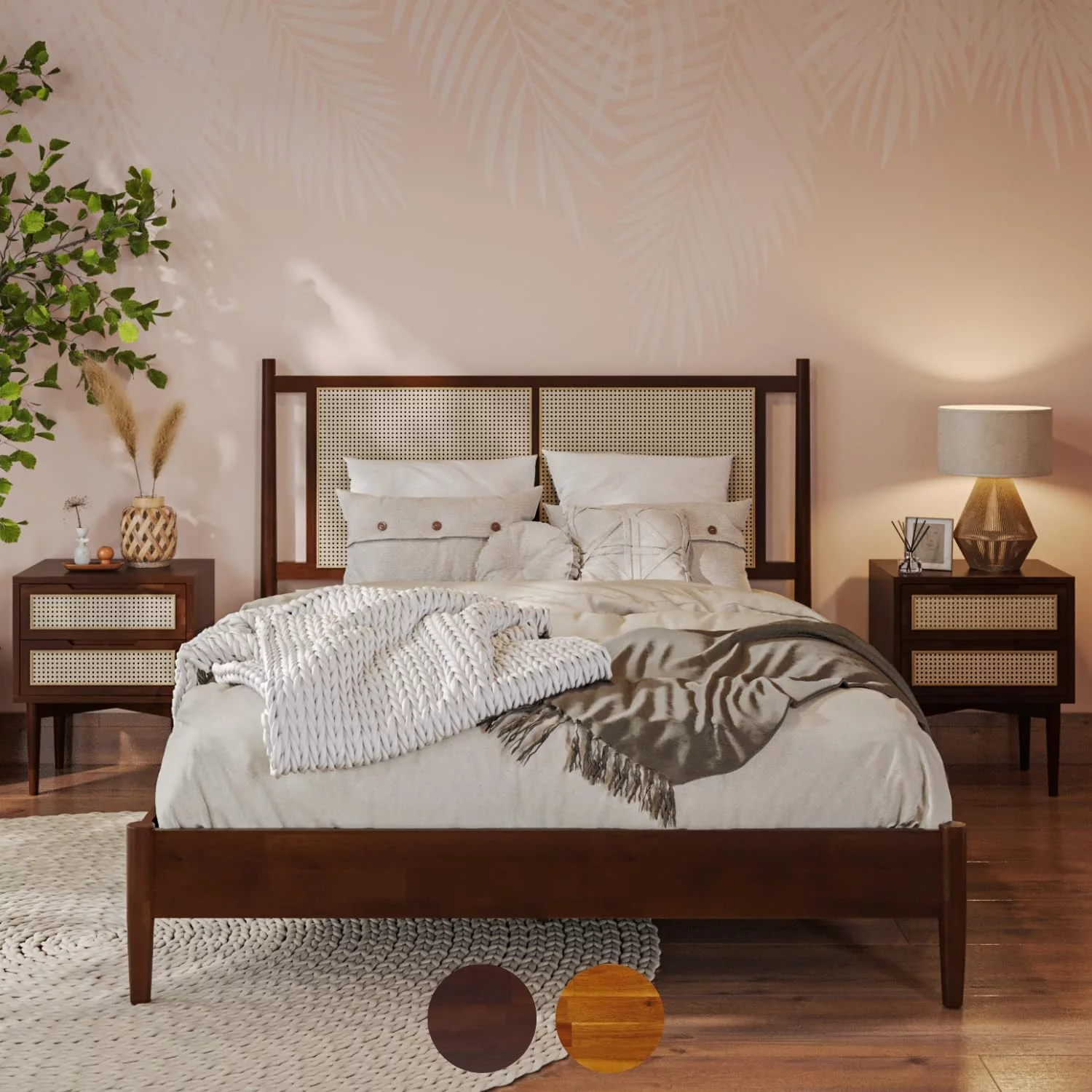 Bme Oliver 15 Inch Signature Bed Frame with Rattan Headboard - Bohemian & Mid Century Style - Acacia Wood - 12 Strong Wood Slat Support - Easy Assembly - No Box Spring Needed - Walnut, Queen