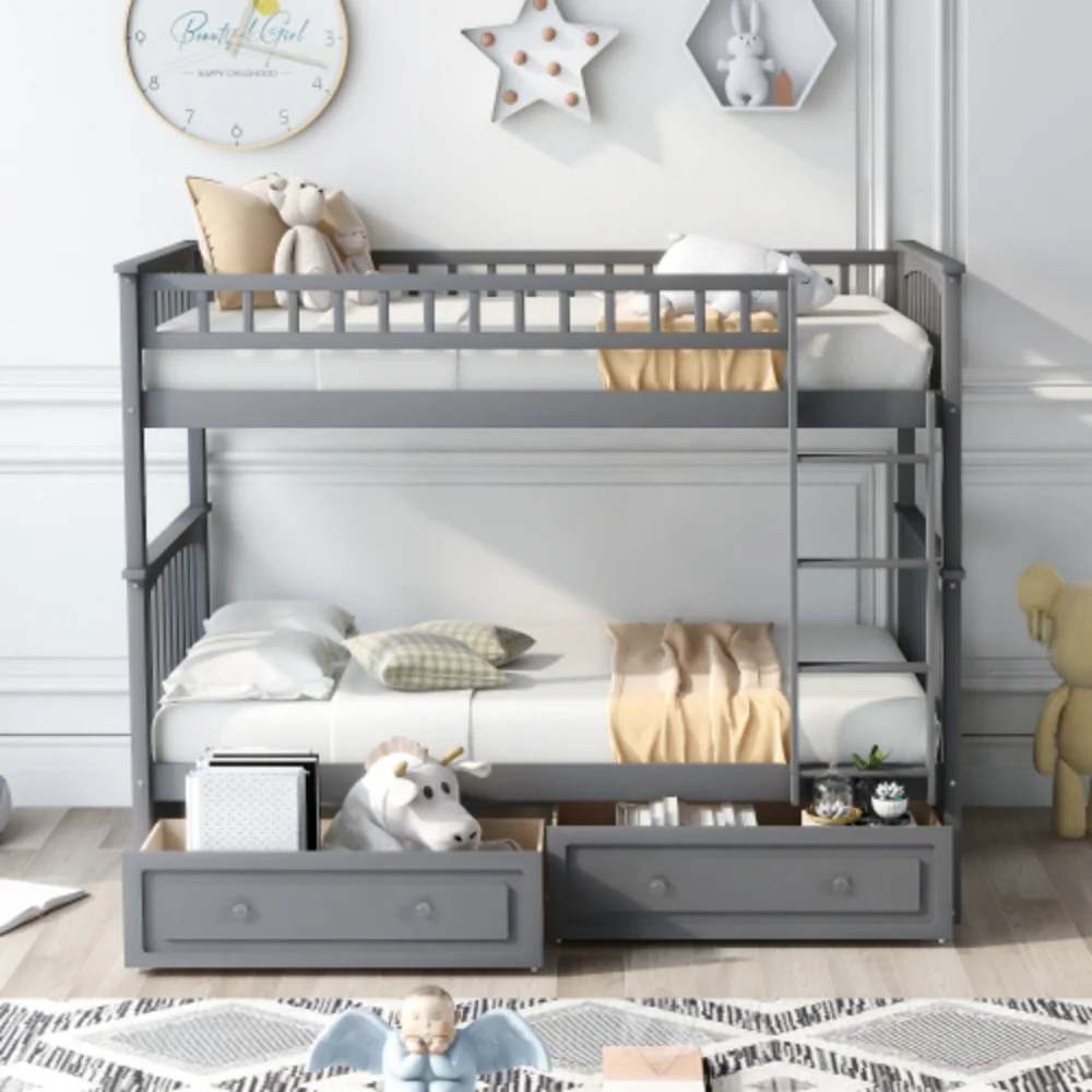Twin over Twin Bunk Bed with Drawers, Convertible Beds, Gray  Gray + Pine