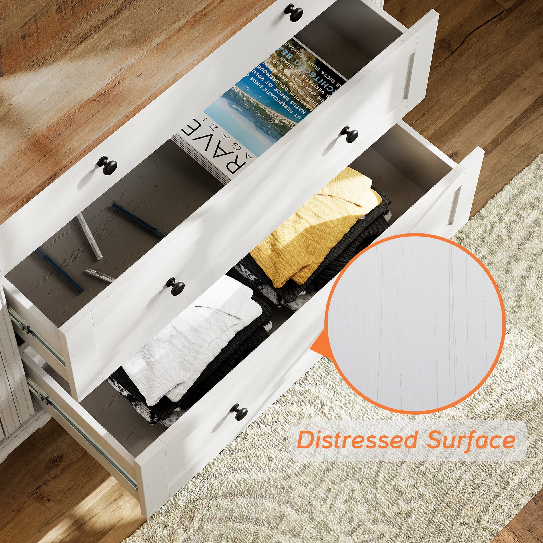 6 Drawer Dresser for Bedroom, White Kids Dressers Large Mid Century Modern Wooden Closet Storage Organizer for Living Room, Nursery, Hallway