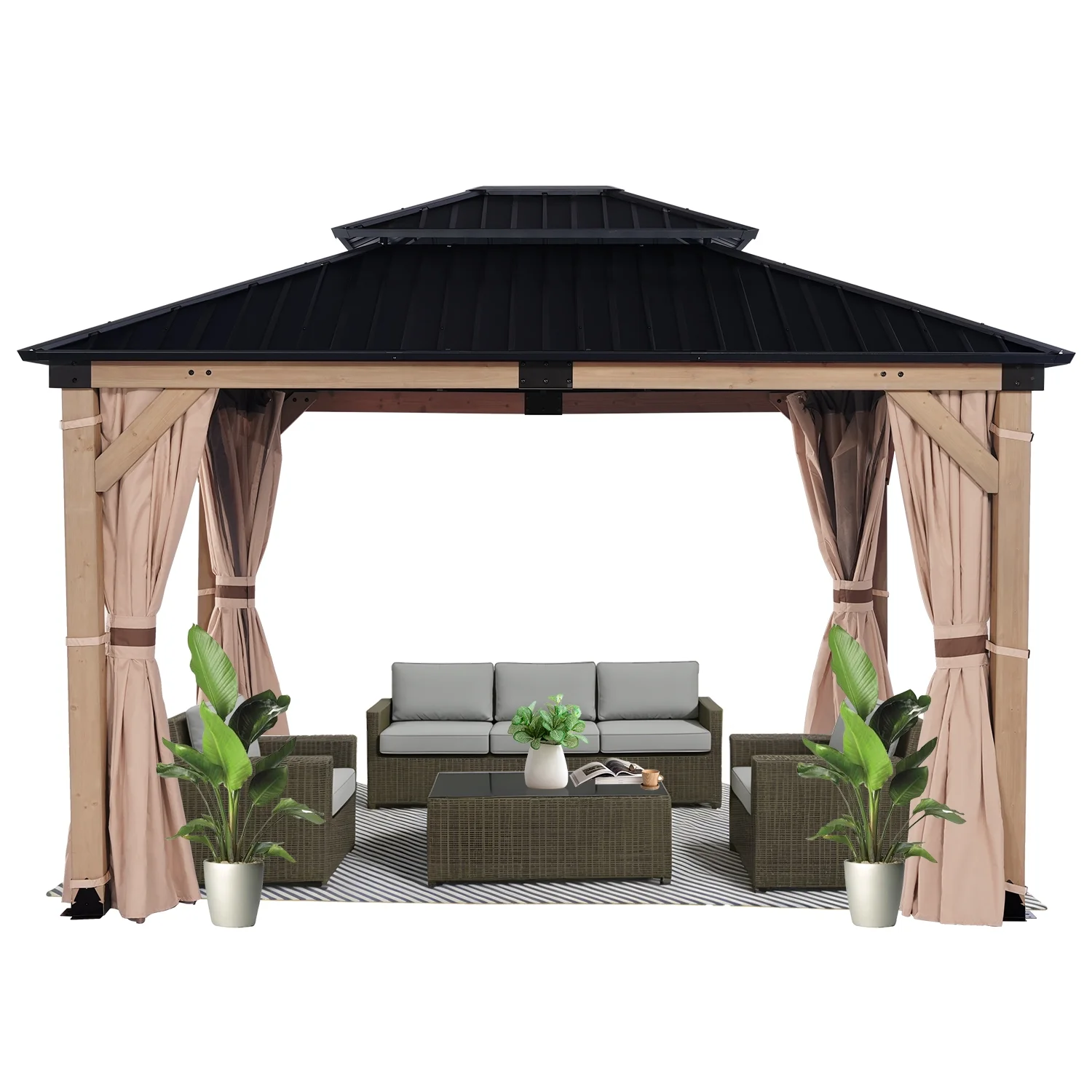 HEAVDUTY Hardtop Wood Gazebo 10x12 ft – Cedar Wood Frame Gazebo with Double Metal Roof – Patio Gazebo Kits with Mosquito Netting & Curtains – Outdoor Wooden Gazebos Pavilion for Backyard and Deck