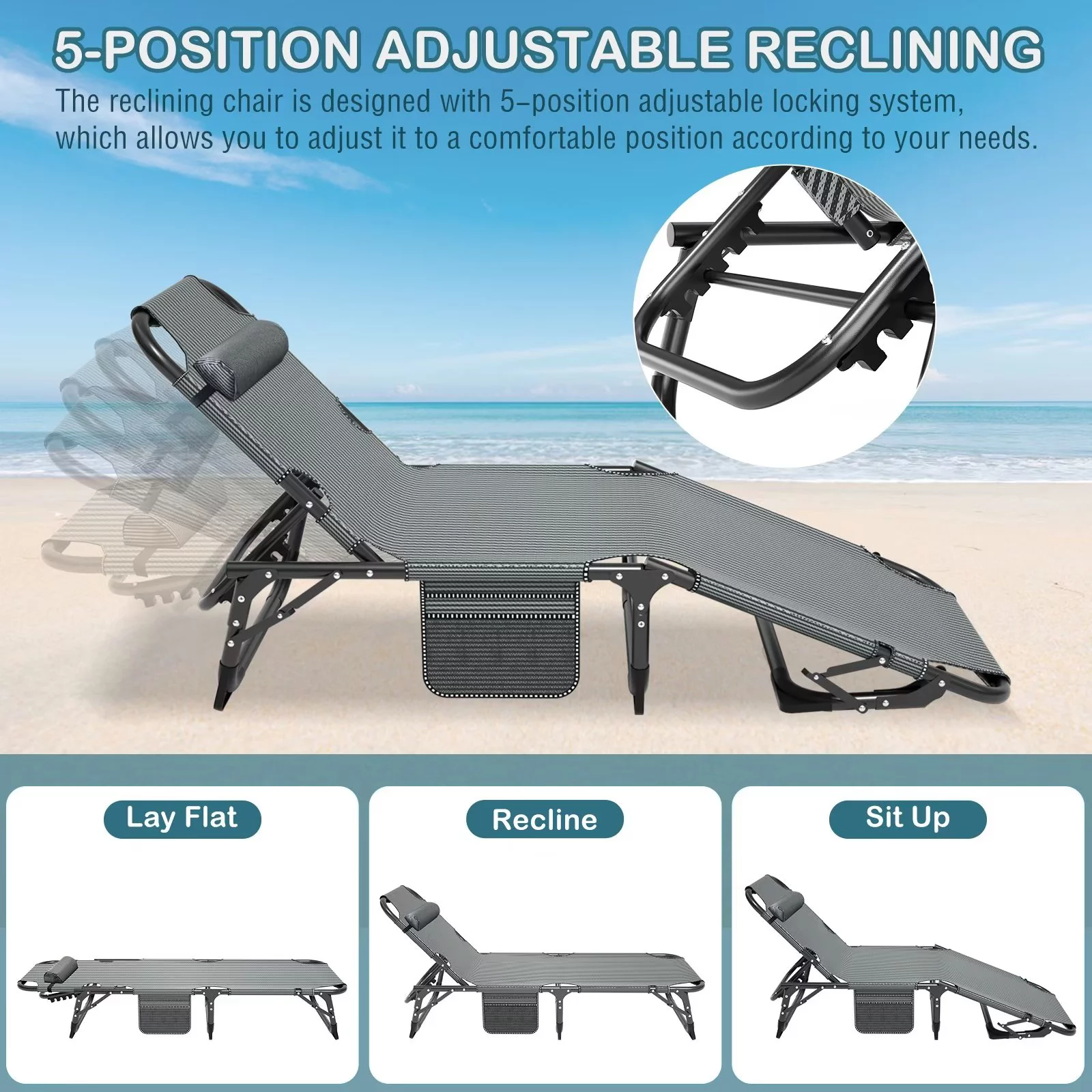 MOPHOTO Set of 2 Patio Lounge Chairs, Folding Chaise Lounge Chair 5-Position, Folding Cot, Heavy Duty Patio Chaise Lounges for Outside, Poolside, Beach, Lawn, Camping