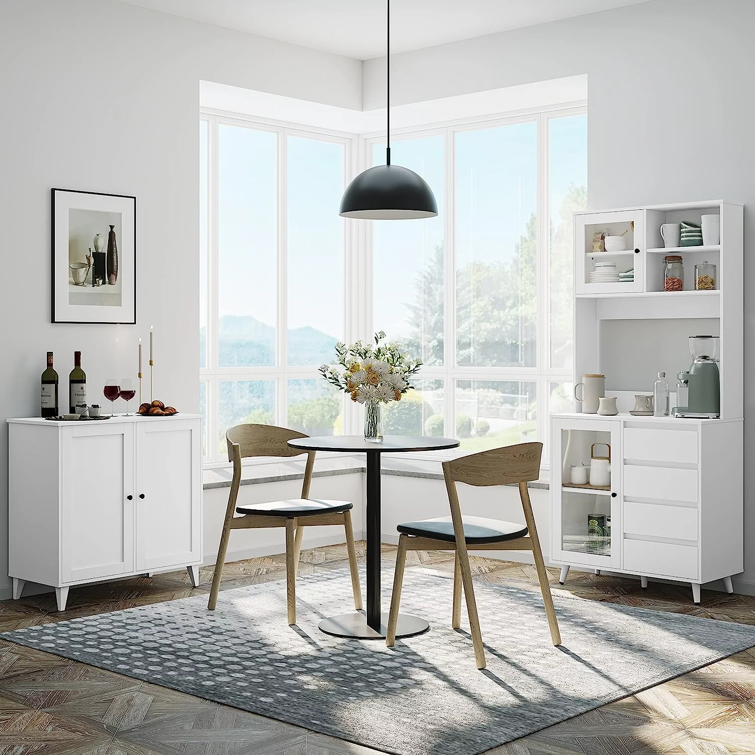 71'' Tall Kitchen Pantry  Cabinet with Large Countertop  Kitchen Buffet Hutch Cabinet with 2 Adjustable Shelves & Tempered Glass Doors  4 Handless Drawers for   White