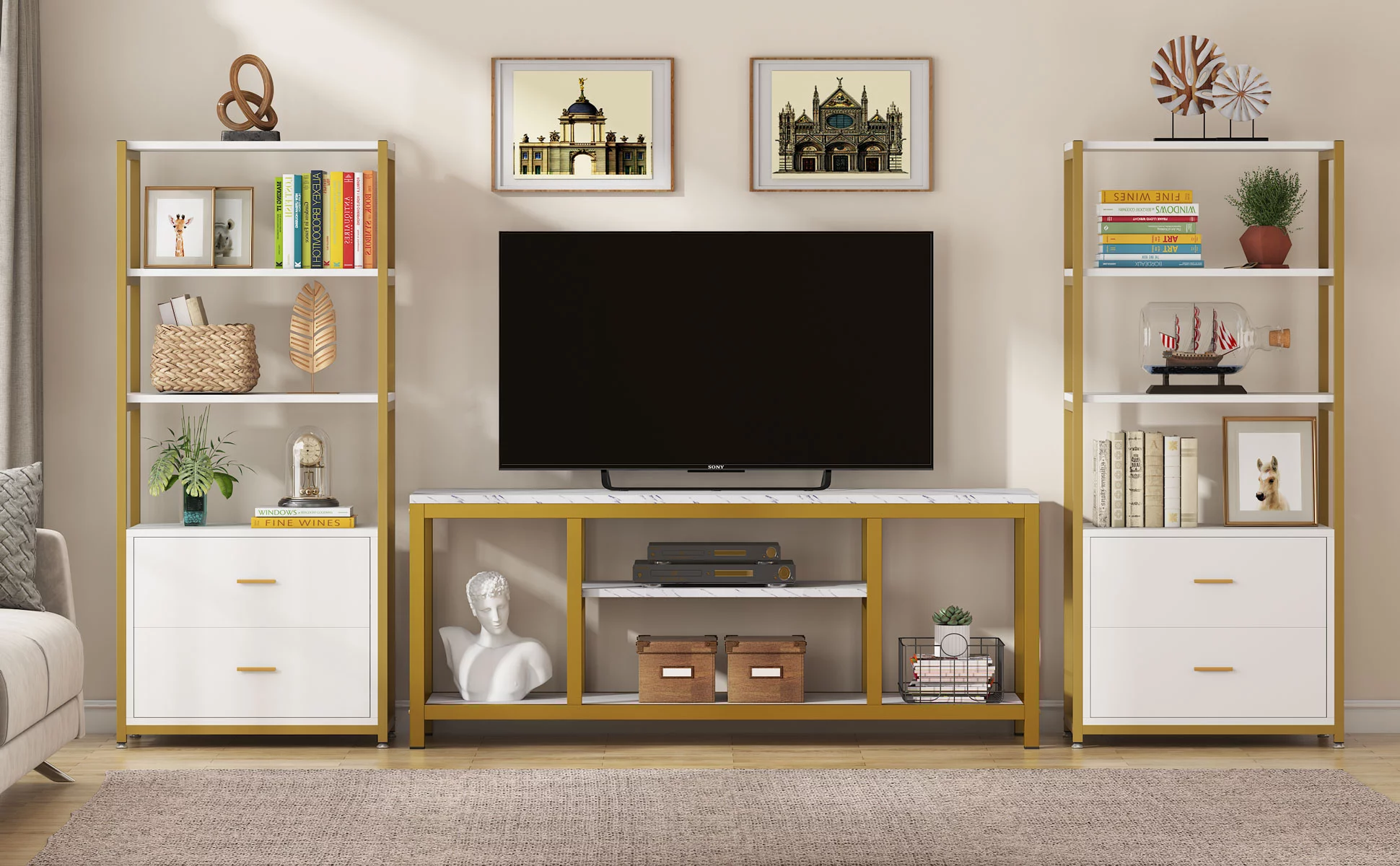 Tribesigns Bookcase, 4-Tier Bookshelf with 2 Drawers for Home Office (Gold/White)