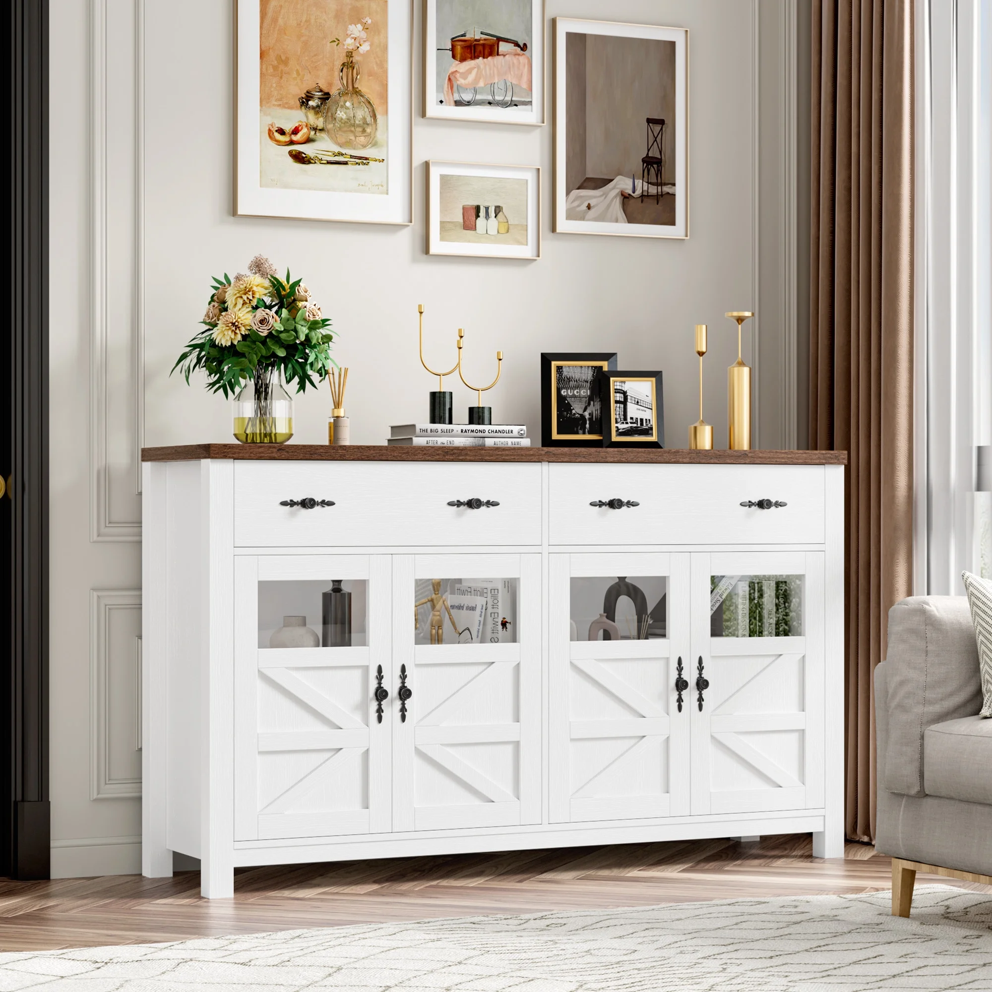 Homfa Farmhouse Kitchen Sideboard Buffet with 2 Drawer, Glass Door Wood Storage Cabinet Credenza with Adjustable Shelves, White