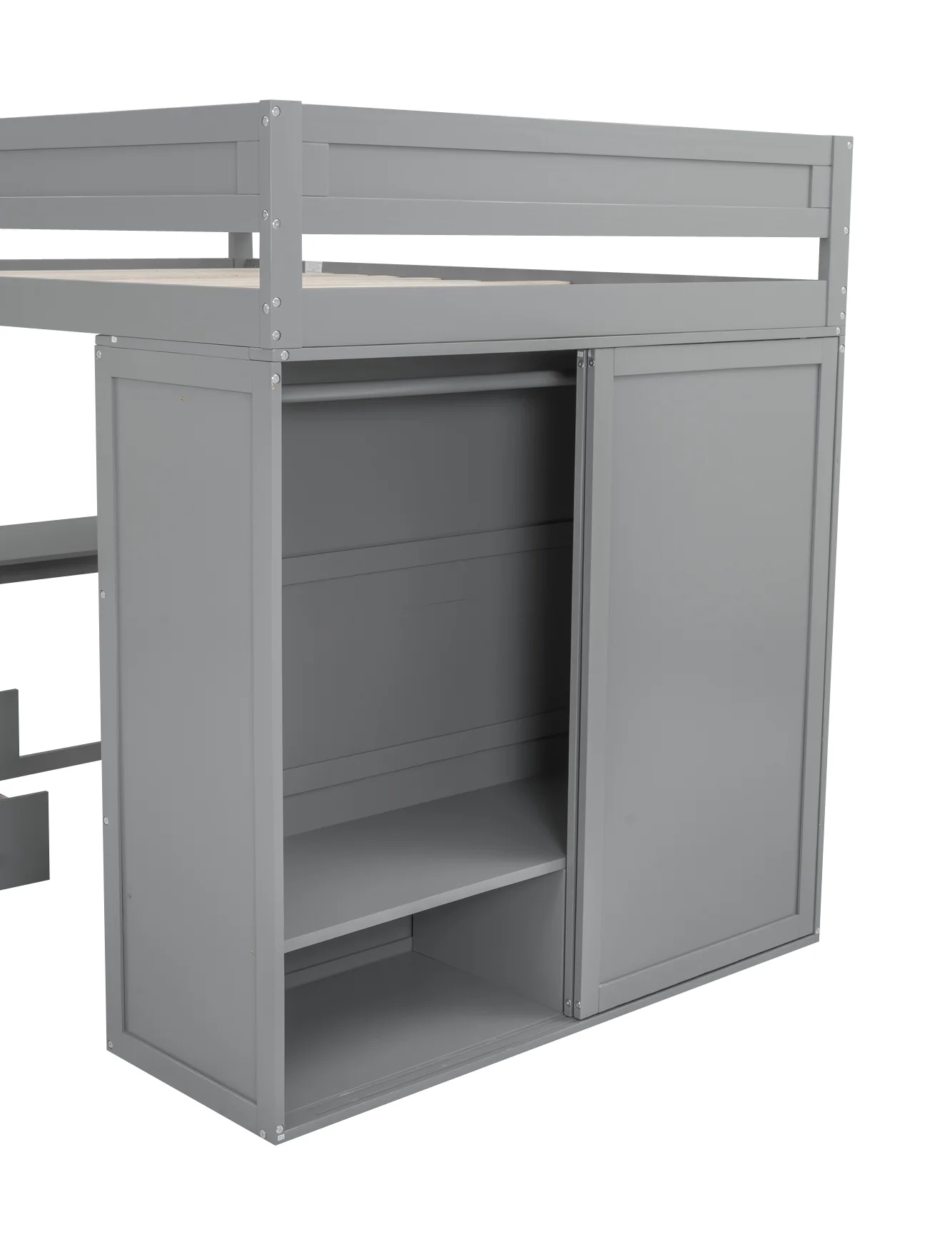 EUROCO Wood Full Size Loft Bed, Storage Desk and Drawers, Wardrobe with Clothes Hanger and Sliding Door for Living Room, Gray