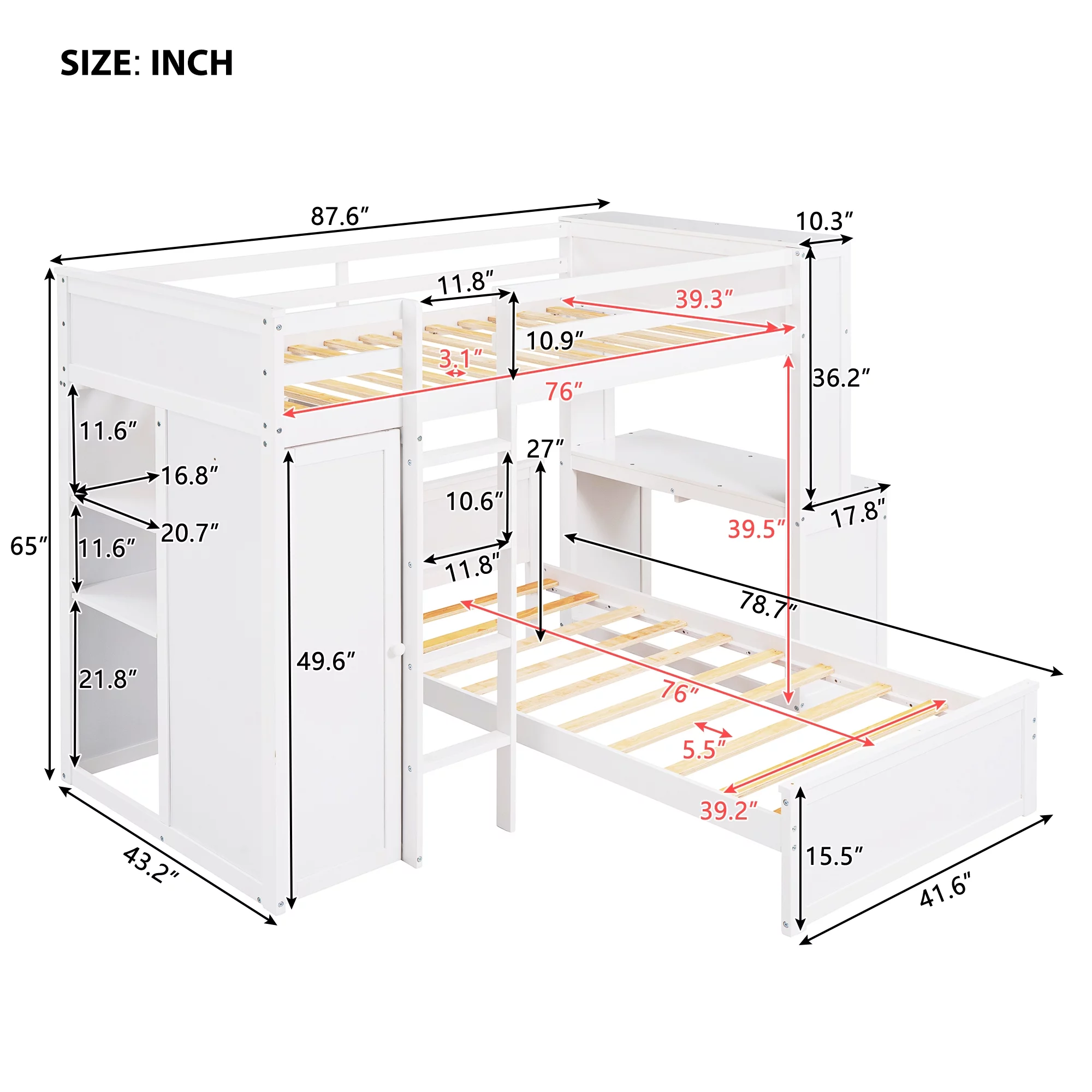THINK 30,Twin Size Loft Bed with Desk and Wardrobe, Wood Convertible Bunk Bed with Storage Drawers and Shelves, Wooden Loft Bed Frame for Kids Teens, No Box Spring Needed, White