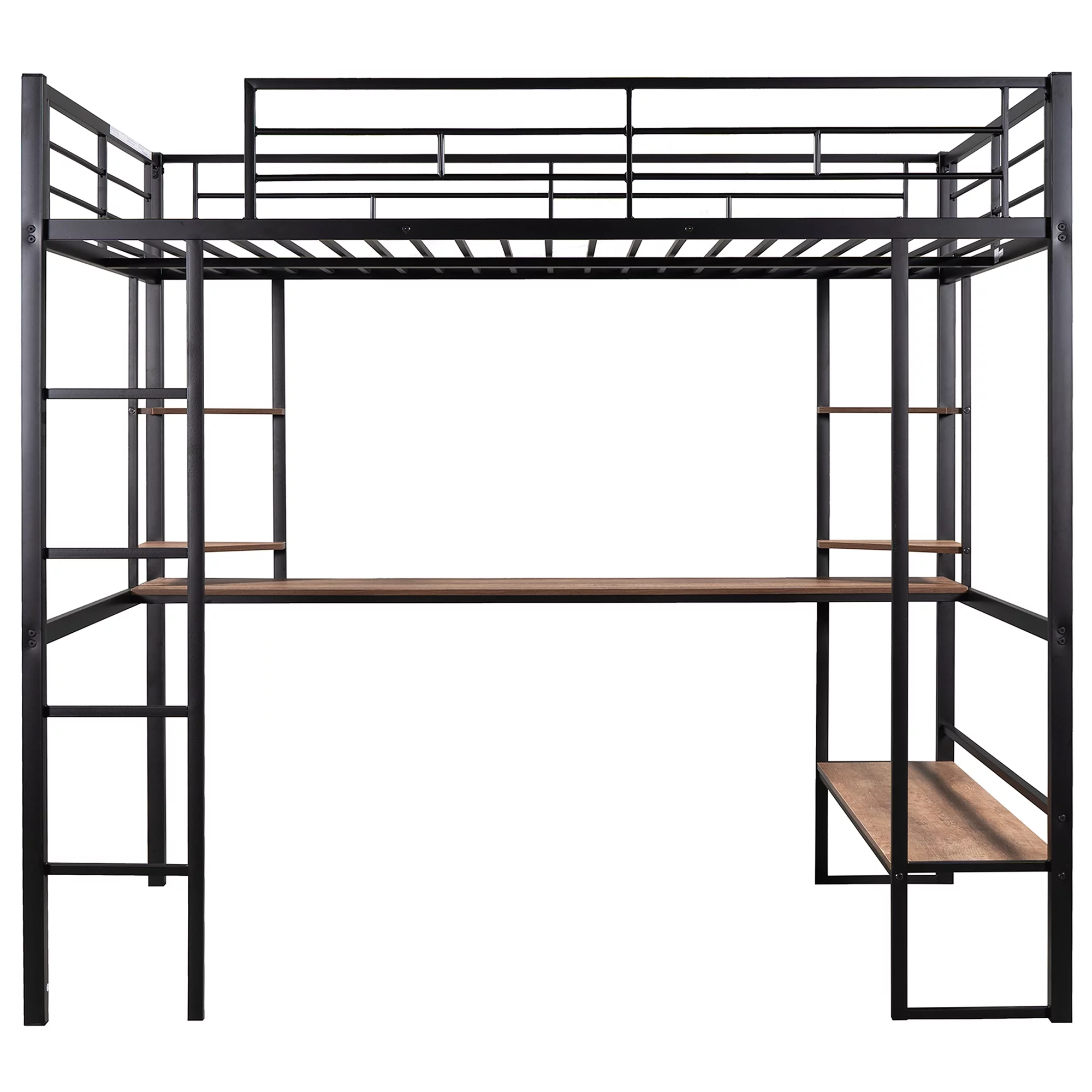 Euroco Full Size Loft Bed with Desk and Shelf, Space Saving Metal Bed, Black