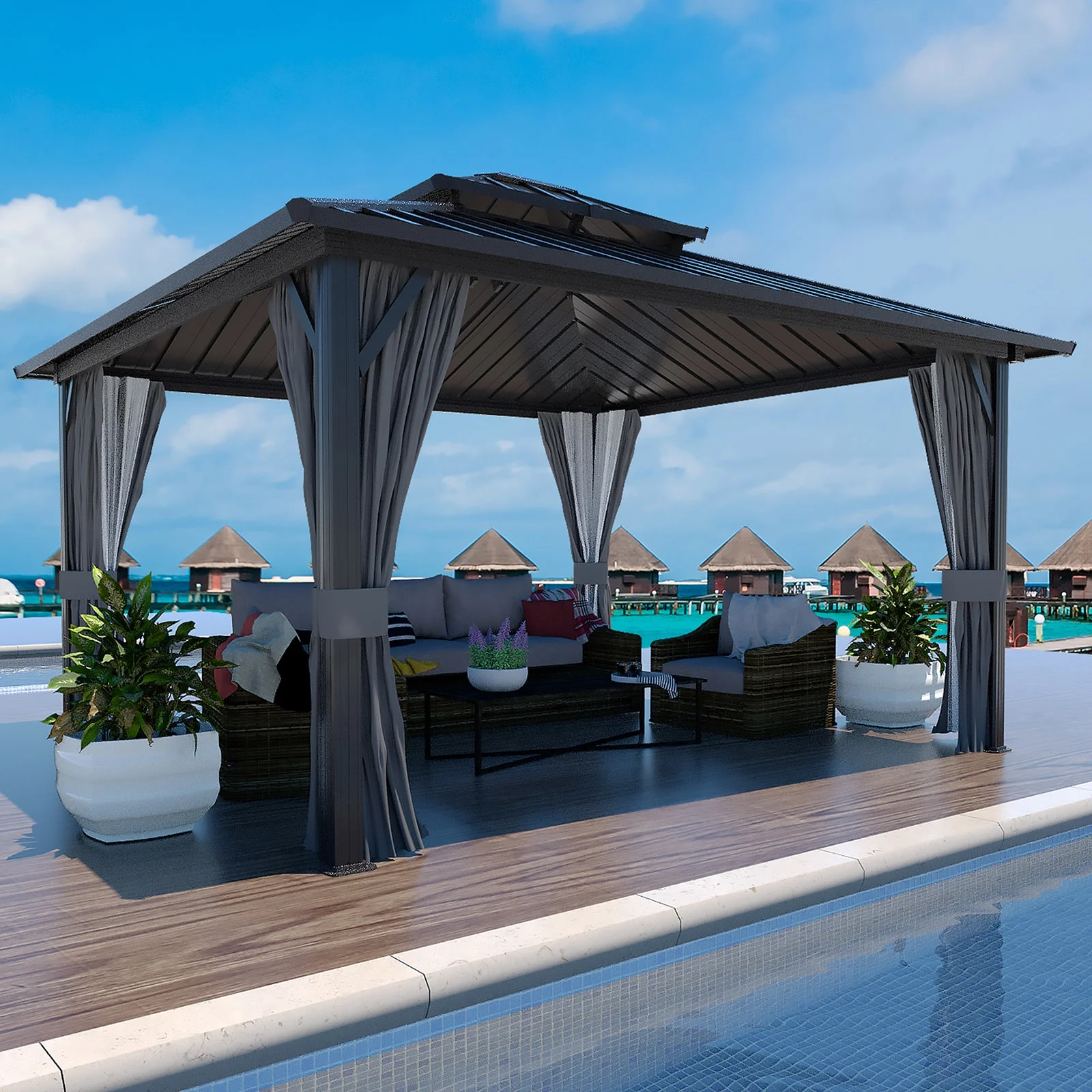 VEIKOUS 12'x12' Outdoor Hardtop Gazebo, Double Roof Metal Gazebo for Patio, Garden, Lawn, Party, Gray