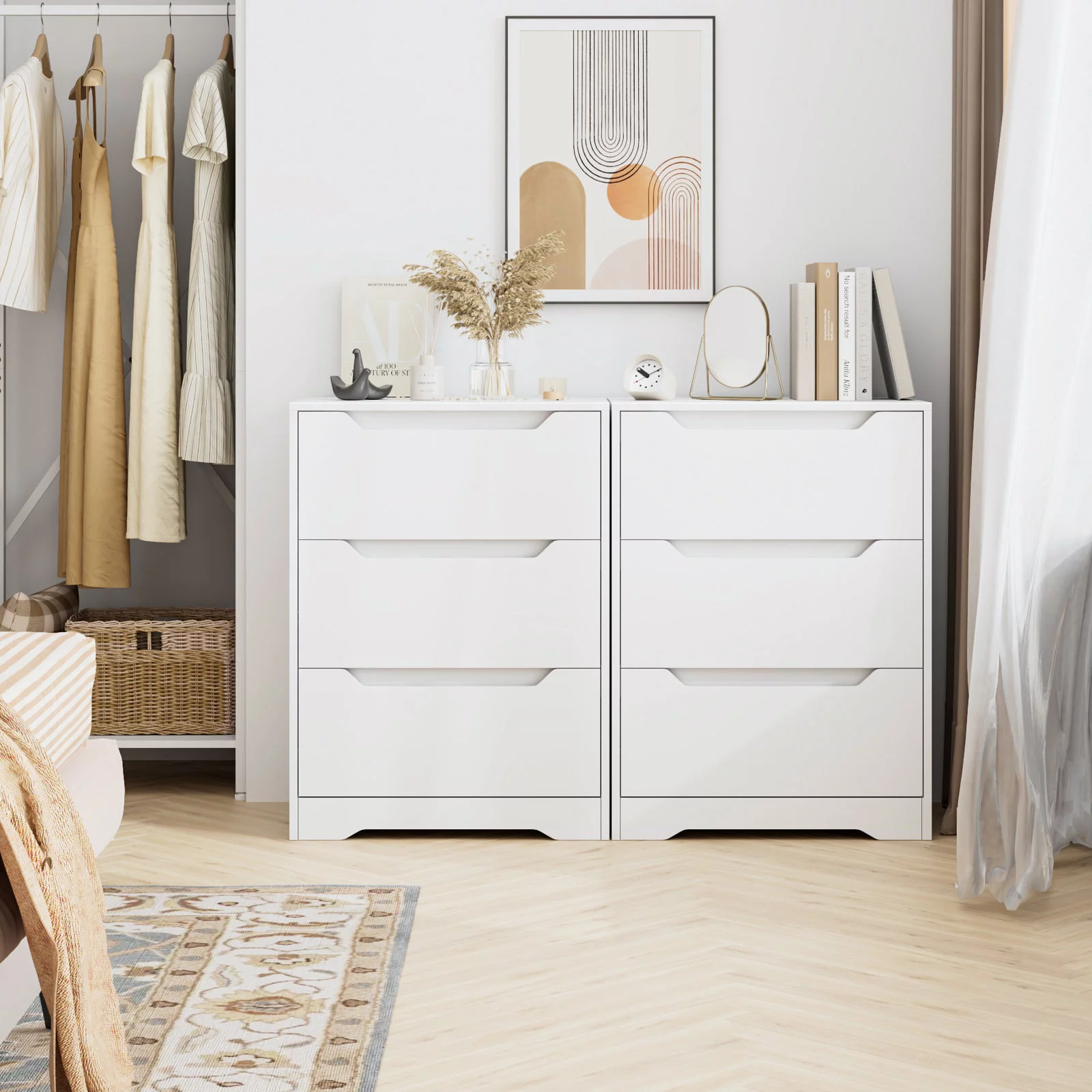 Homfa White Dresser with 3 Drawers, 23.6'' W Tall Nightstand Chest of Drawer with Cutout Handles for Living Room