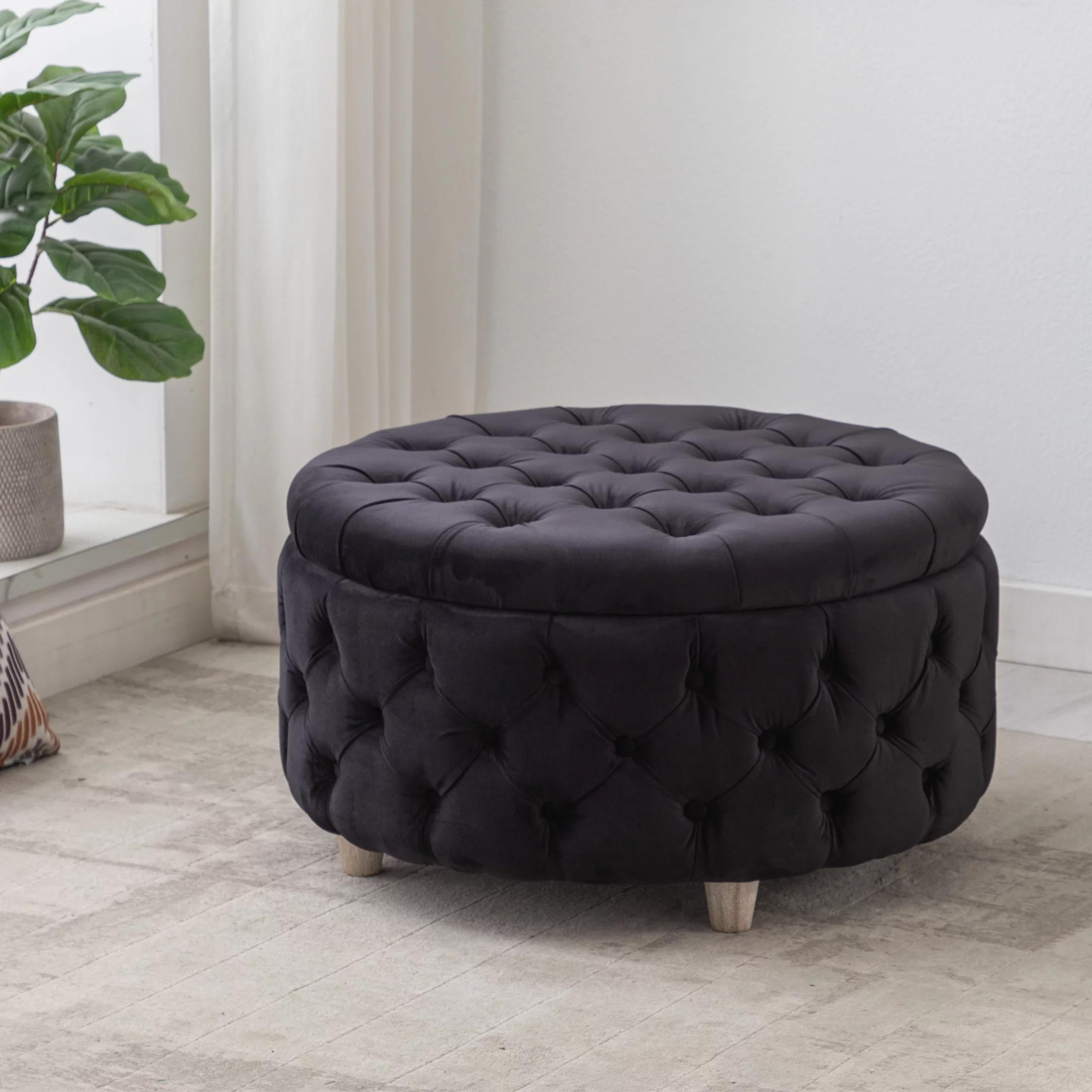 Wordford Round Velvet Tufted Storage Ottoman, Velvet Black