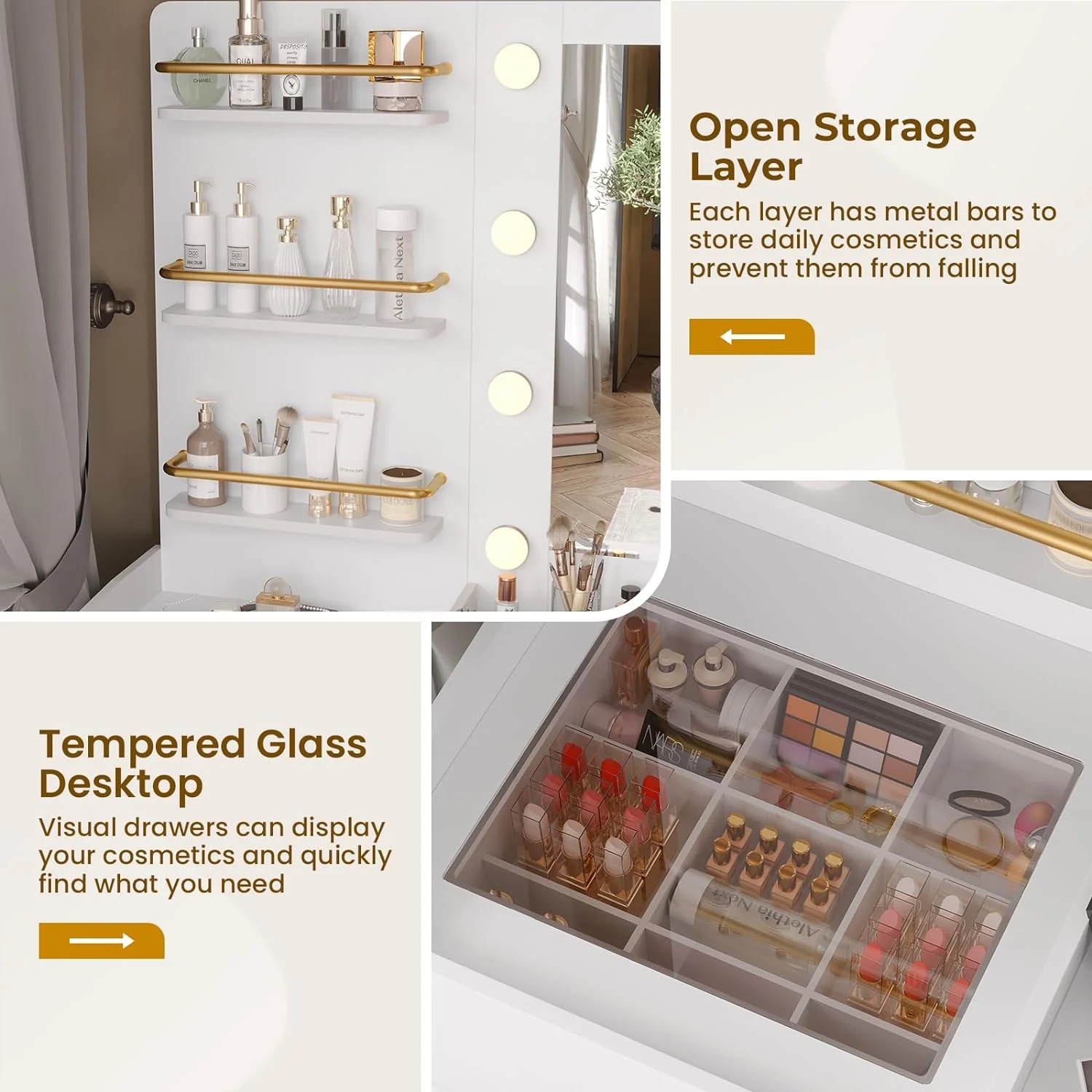 Afuhokles Vanity Desk with Lighted Mirror and Charging Station, Makeup Vanity Table with 5 Drawers, Visual Drawer, White