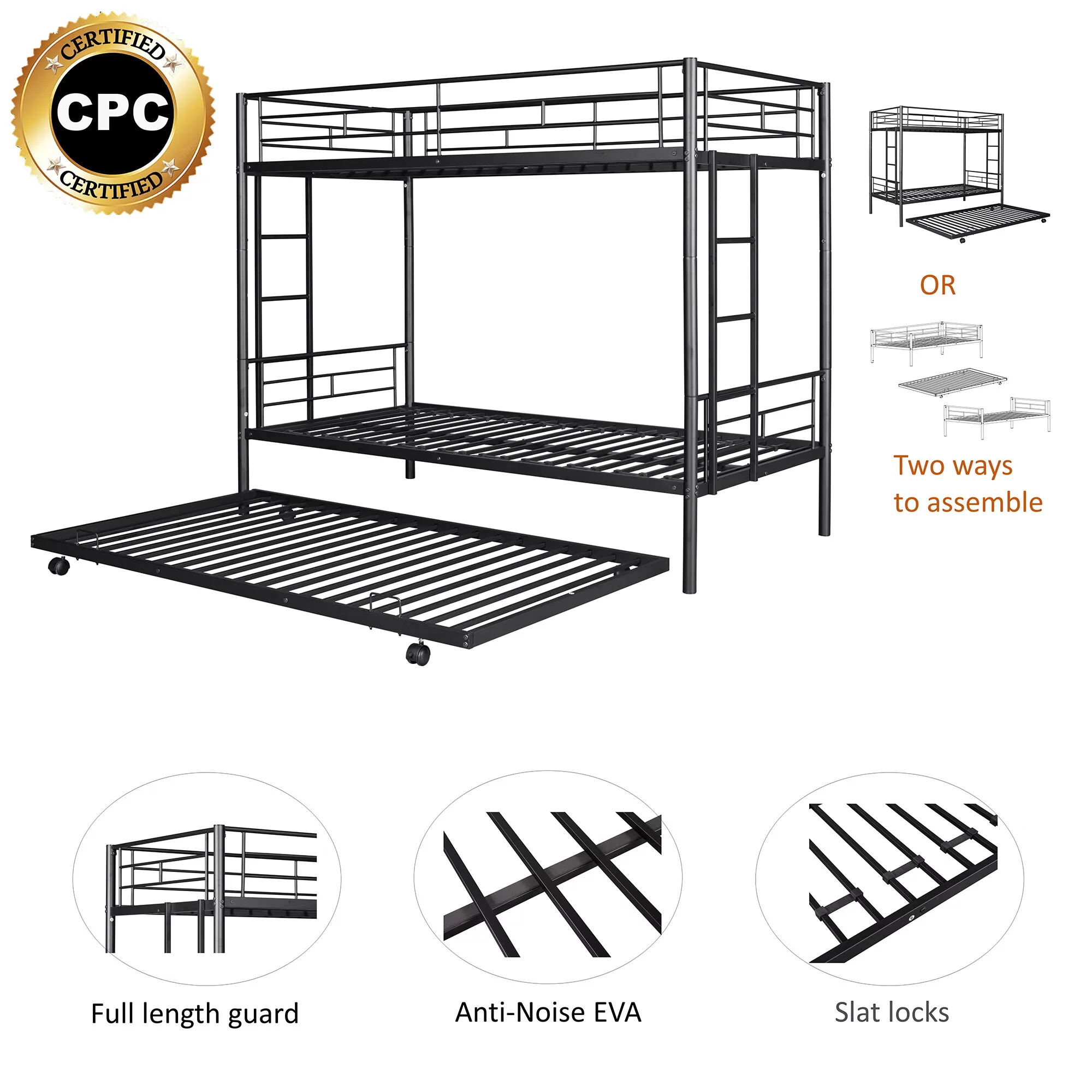 GNIXUU Metal Twin over Twin Bunk Beds with Trundle Bed for Kids Bedroom, Metal Twin Bunk Bed Frame with Safety Guardrail & 2 Ladders, Black