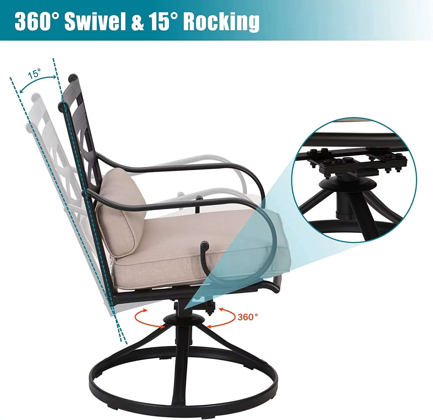 7 Pieces Heavy Duty Metal Patio Dining Sets with 6 Swivel Chairs (Cushion Included) and 1 Rectangular Metal Table with Umbrella Hole  Outdoor Furniture for 6