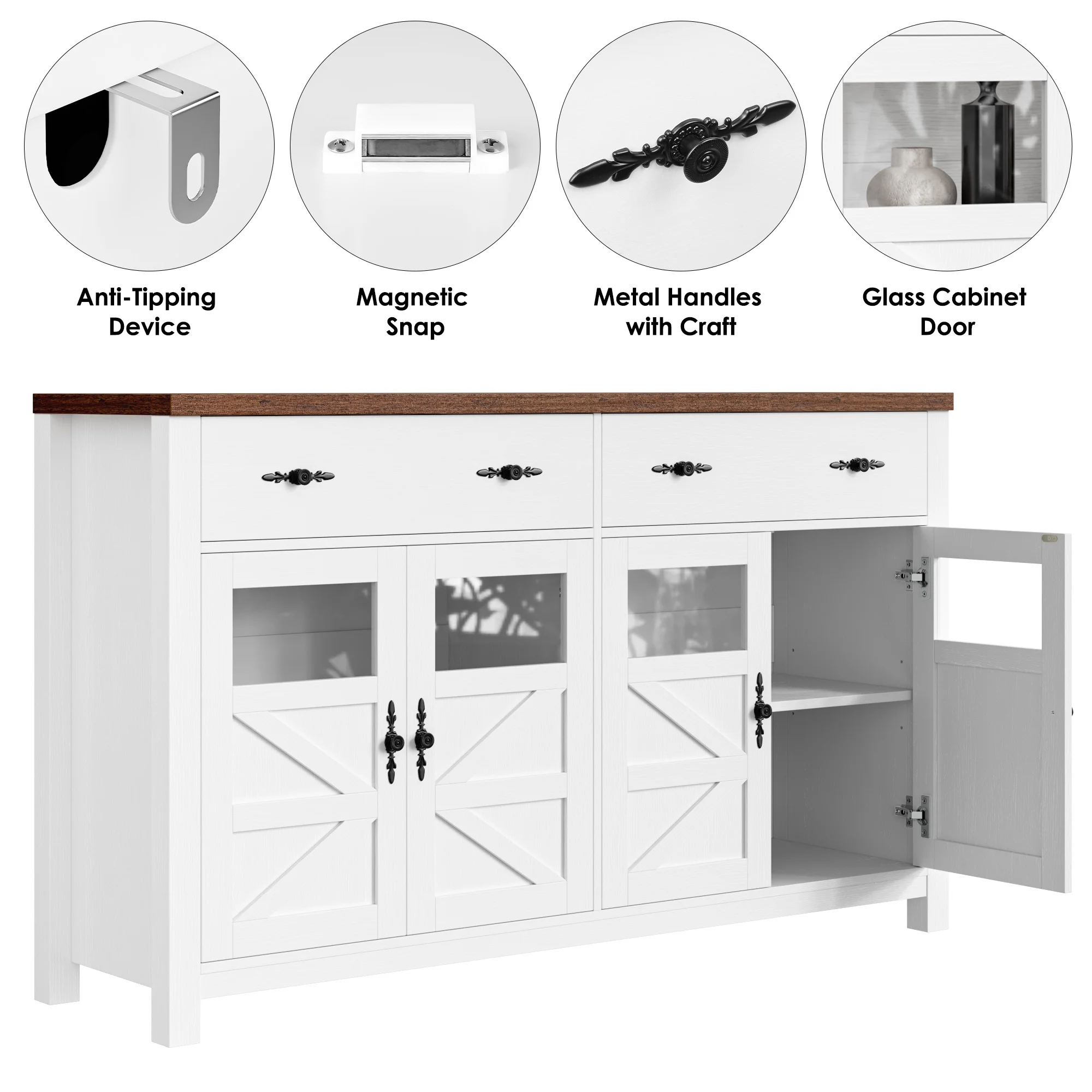 Homfa Farmhouse Kitchen Sideboard Buffet with 2 Drawer, Glass Door Wood Storage Cabinet Credenza with Adjustable Shelves, White