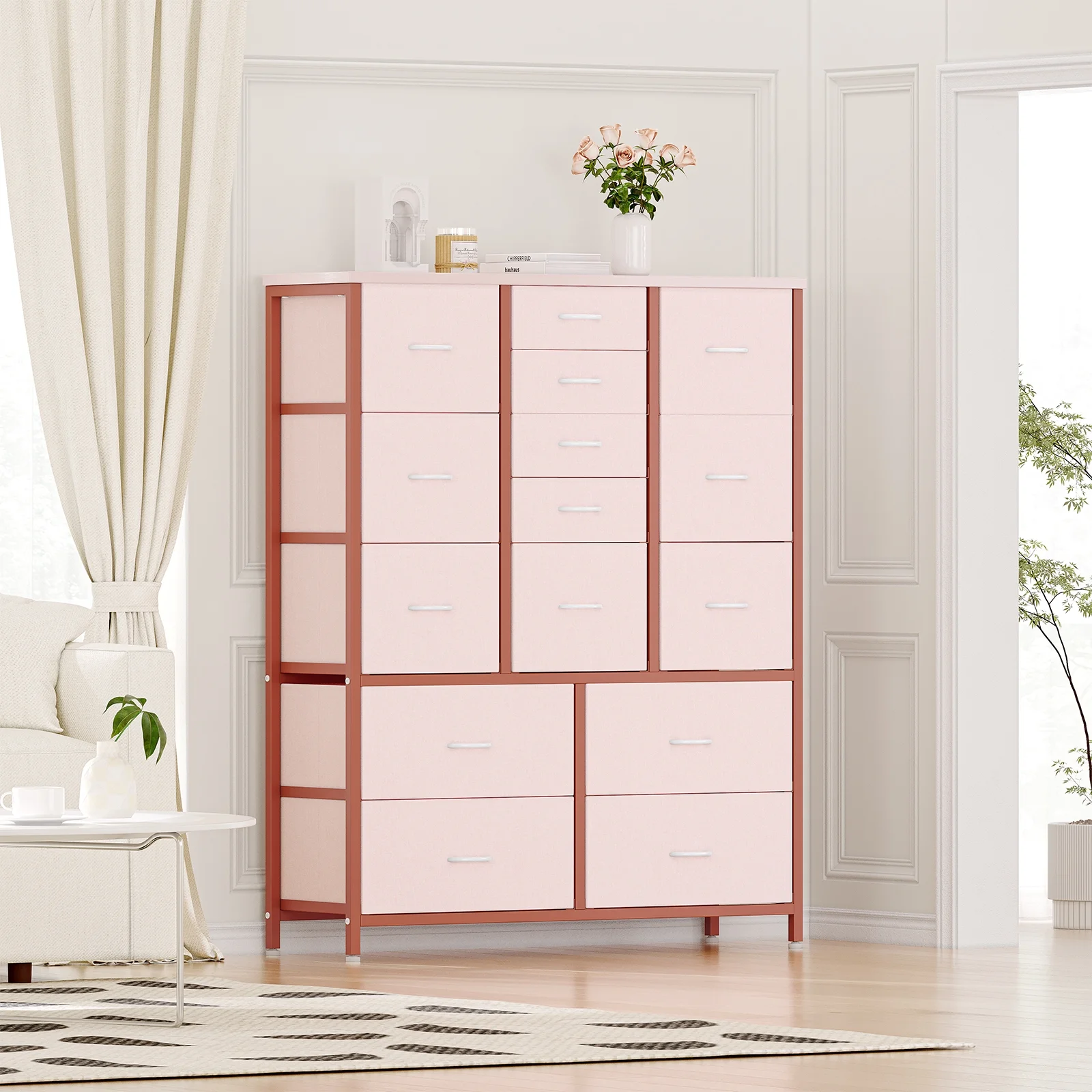 Towallmark 15 Drawer Dresser Chest of Drawers for Bedroom Living Room, Fabric Storage Organizer With Wood Top , Hallway, Closet, Nursery, Pink