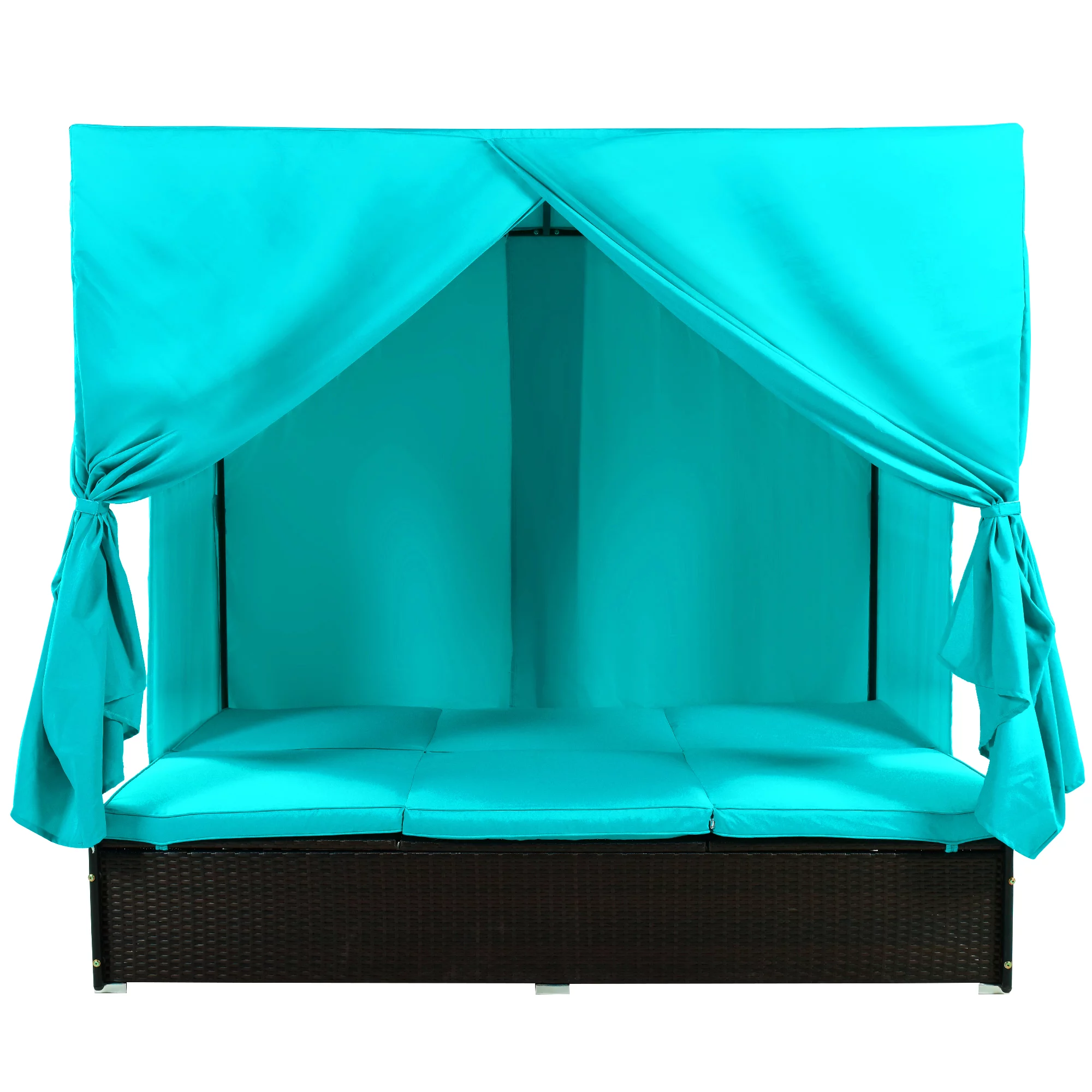 uhomepro Pool Furniture Outdoor Lawn Backyard Poolside Garden Rectangle Daybed, Outdoor Chaise Lounge with Canopy, Overhead Curtains, Cushions, Adjustable Seat, Blue