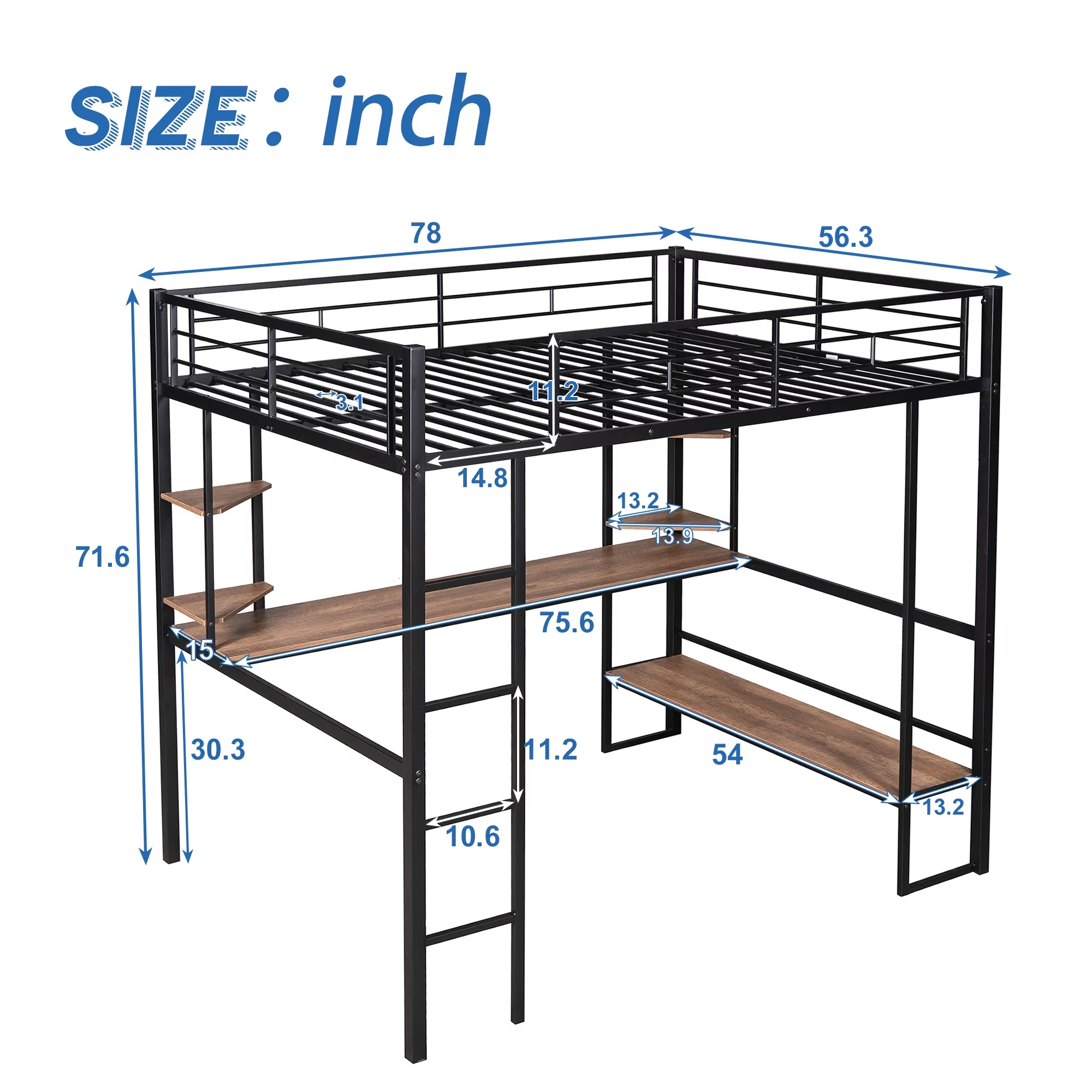 Euroco Full Size Loft Bed with Desk and Shelf, Space Saving Metal Bed, Black
