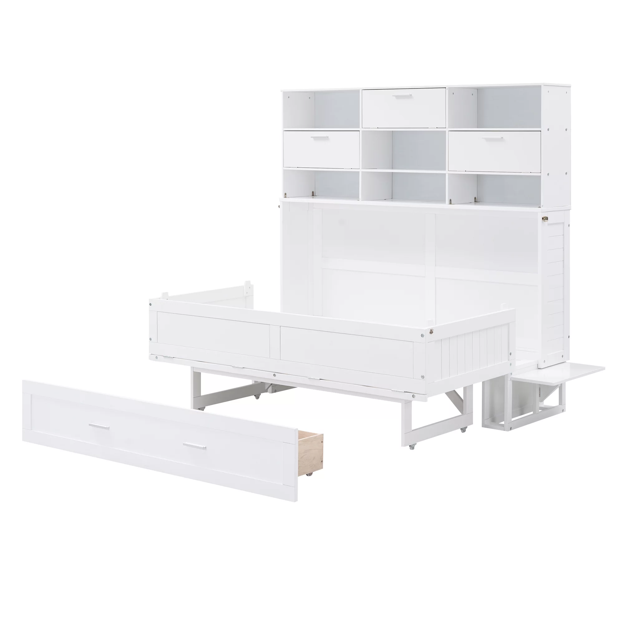 Euroco Queen Size Murphy Bed with Bookcase, Shelf and Drawer, Convertible into a Cabinet with Bookcase for Living Room, Space-Saving & Easy Open and Close, White