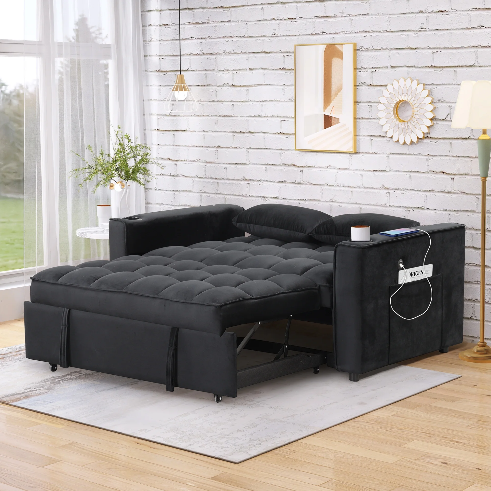 Hombay Modern Convertible Sleeper Sofa Bed, Folding Futon Couch Loveseat with Cup Holder and USB Charging Ports for Living Room Bedroom Apartment