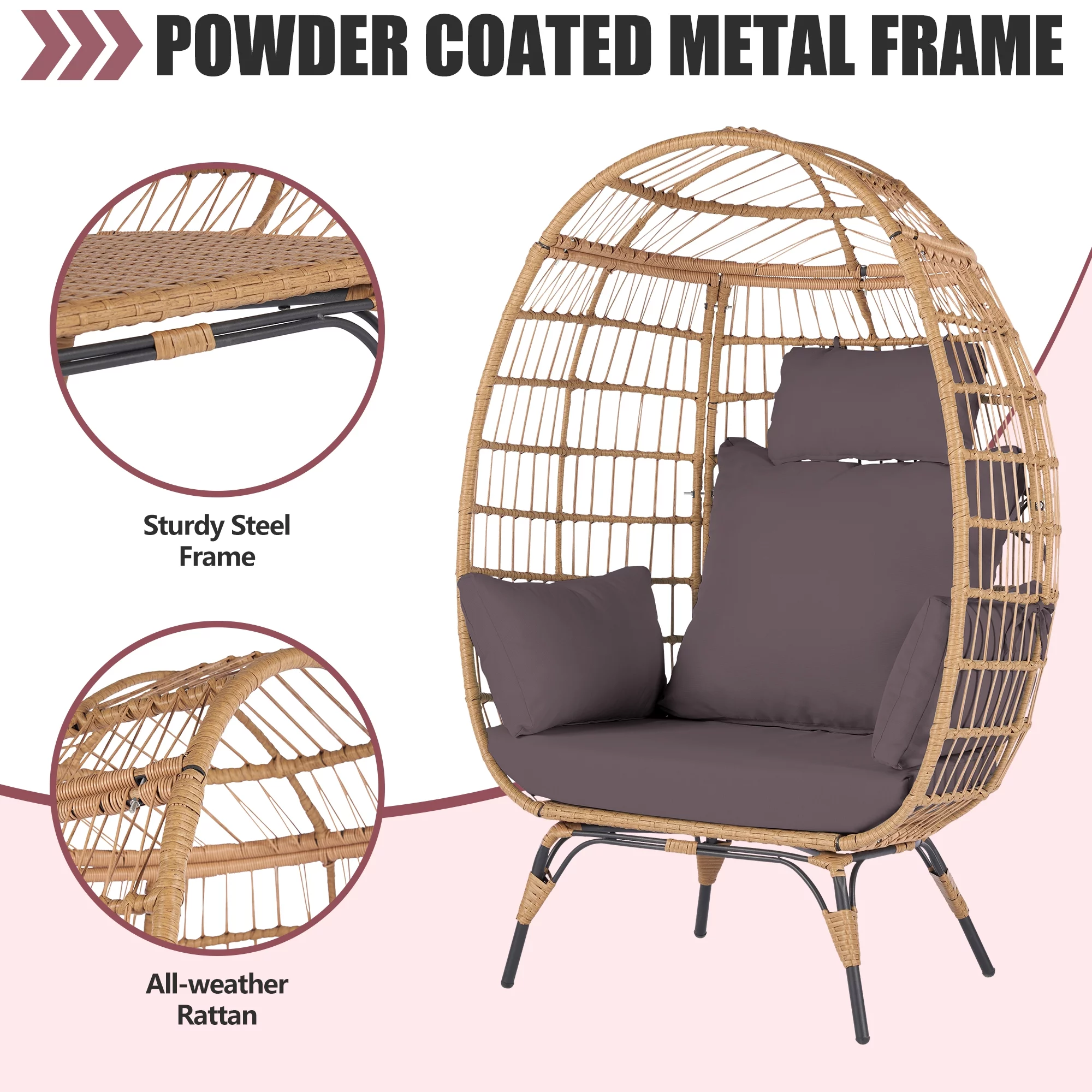 Wicker Egg Chair, Oversized Indoor Outdoor Boho Lounger Chair Stationary Egg Basket Chair, All-Weather 440lb Capacity Patio Chair, Dark Gray