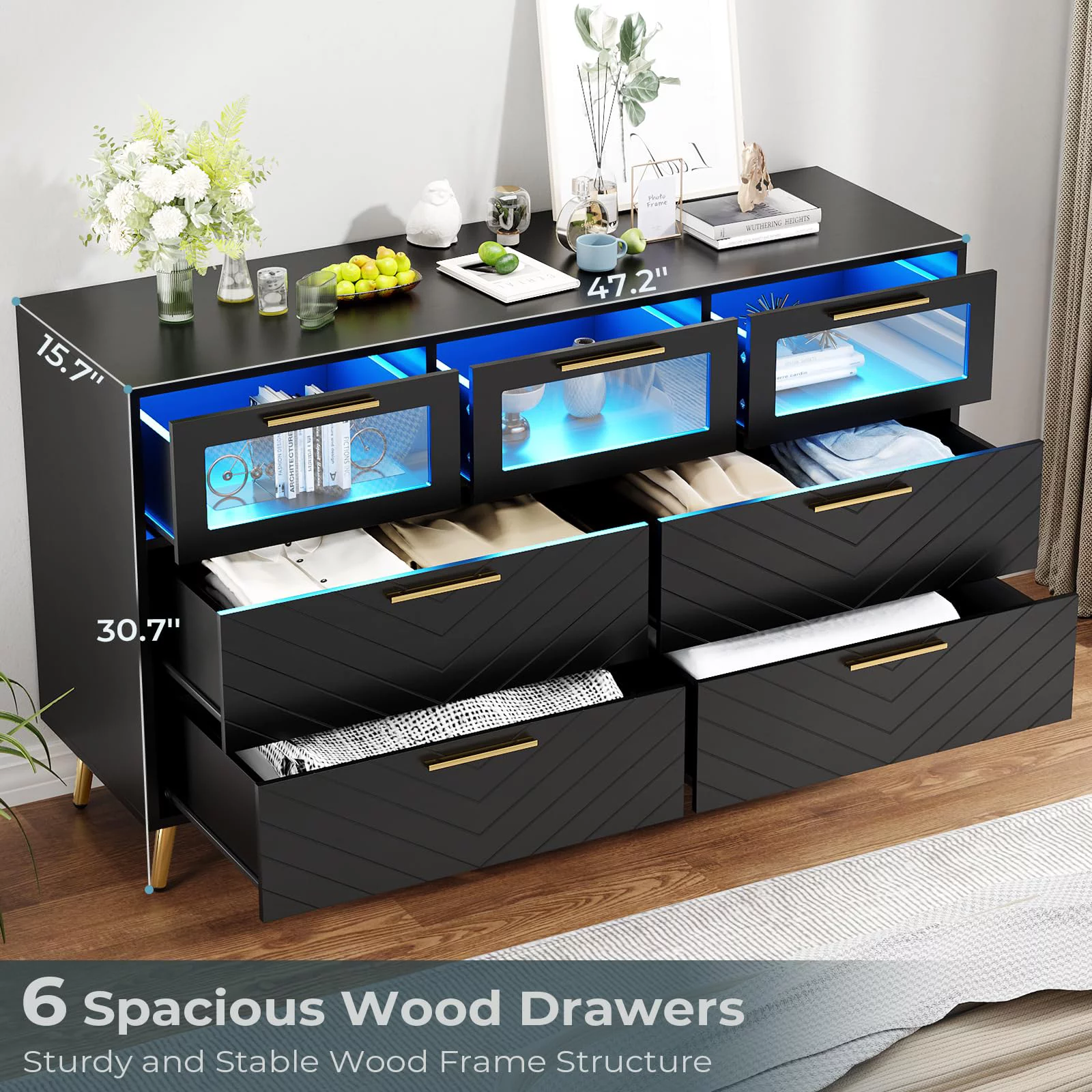 Black Dresser for Bedroom with RGB LED Lights,Modern 7 Drawer Dresser Chests of Drawer Storage Organizer for Living Room Closet