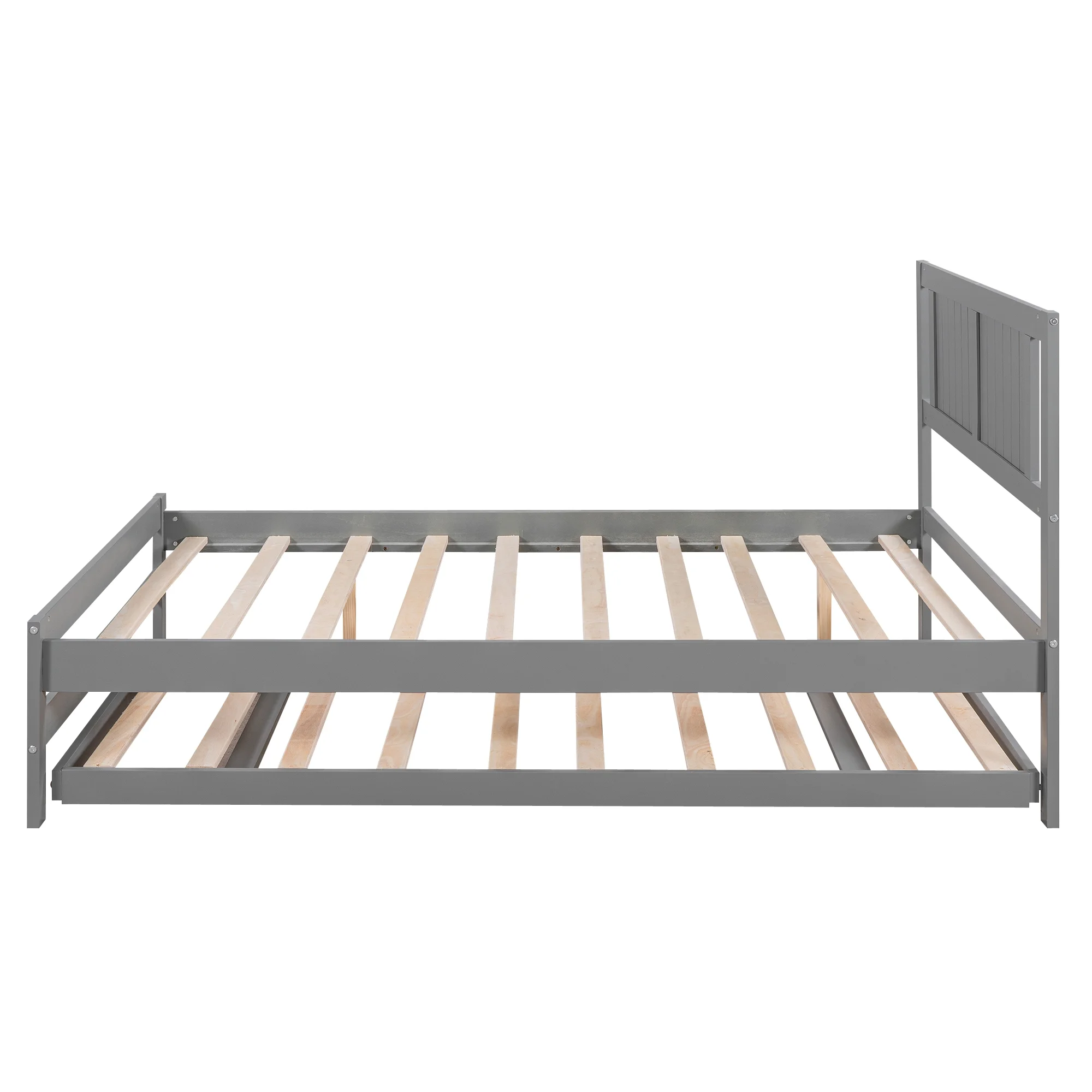 Euroco Wood Full Size Platform Bed with Trundle Frame Set, Wooden Bed Frame with Convertible Trundle Bed for Kids Teens Adulst, Gray