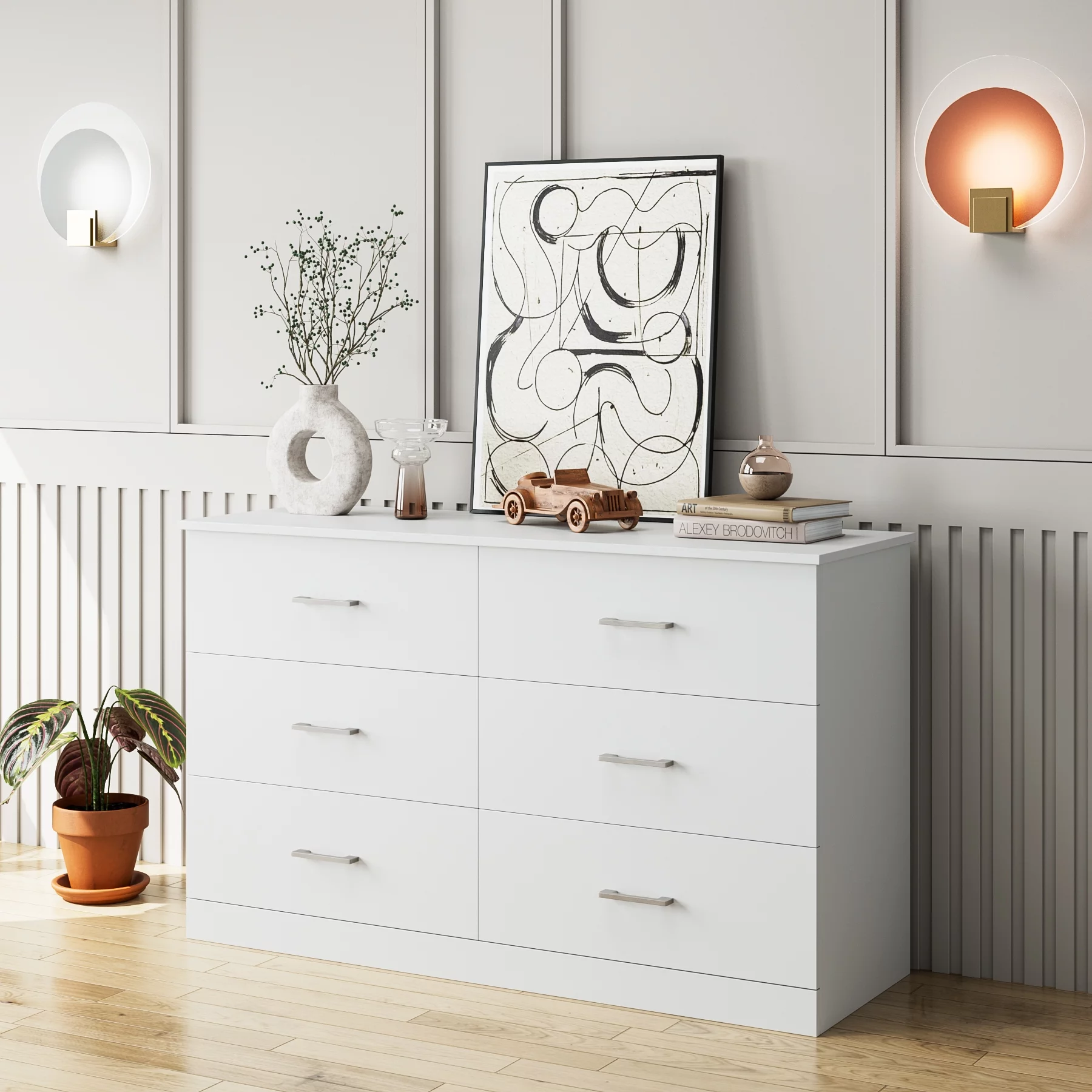 Homfa 6 Drawer White Double Dresser, Modern Wood Chest of Drawers with Metal Handles for Bedroom