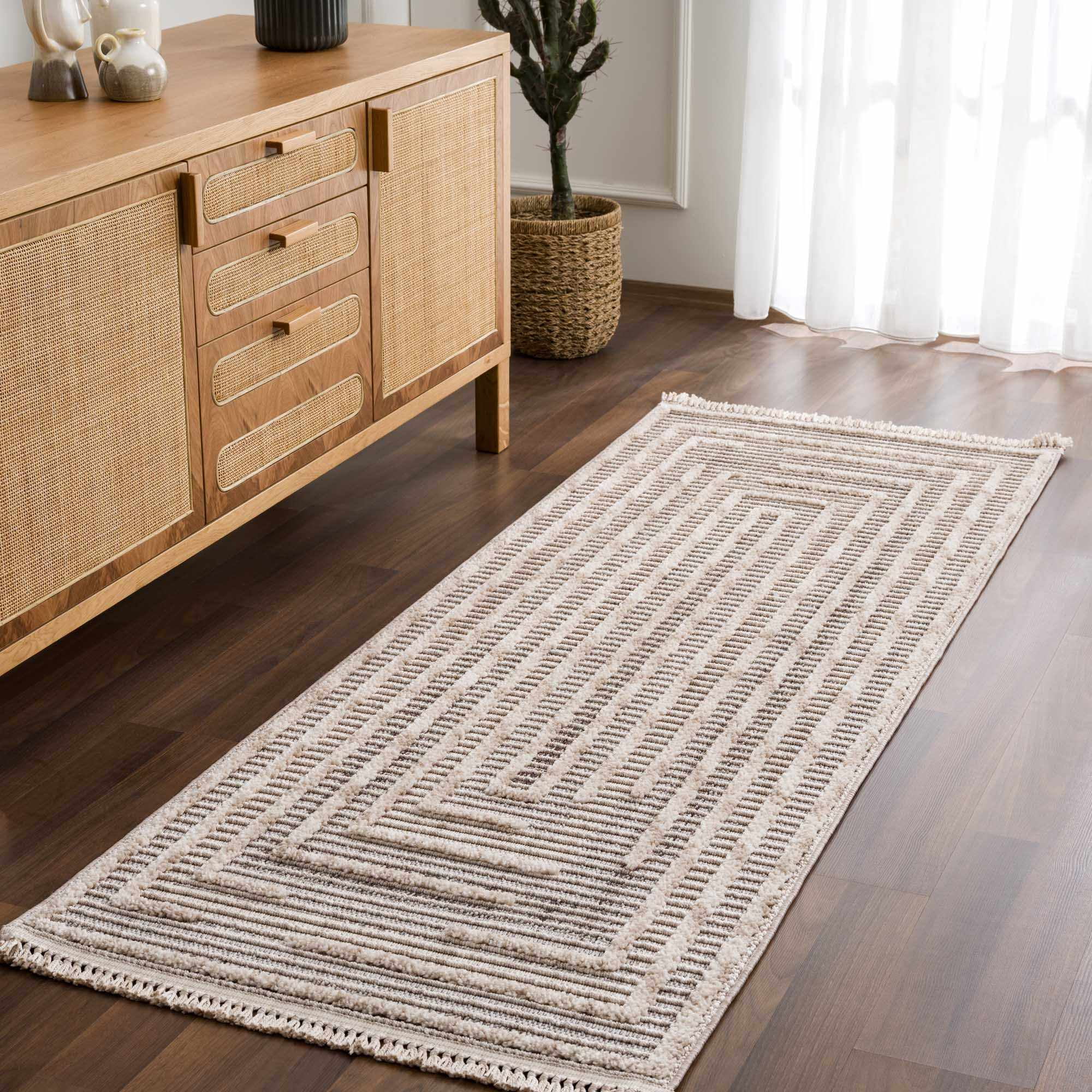 Hauteloom Lunao Farmhouse Living Room Bedroom Moroccan Square Pattern Abstract Area Rug - Soft Shaggy High Low Carpet - High Pile - Bohemian, Boho - Gray, Brown, Beige, Cream - 7'10
