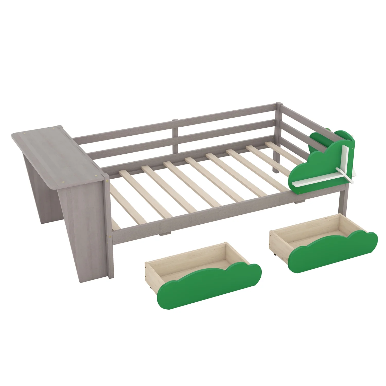 Churanty Twin Size Daybed with Storage Drawers and Desk,Wood Twin Bed Frame with Green Leaf Shape Shelves for Kids Bedroom,Gray