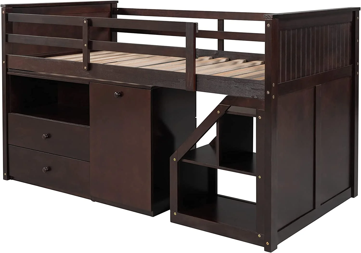 Low Loft Bed With Portable Desk And Stairs, Wood Size Loft Bed Frame With Storage Cabinets, Low Study Kids Loft Bed Frame For Bedroom Furniture (, Espresso)