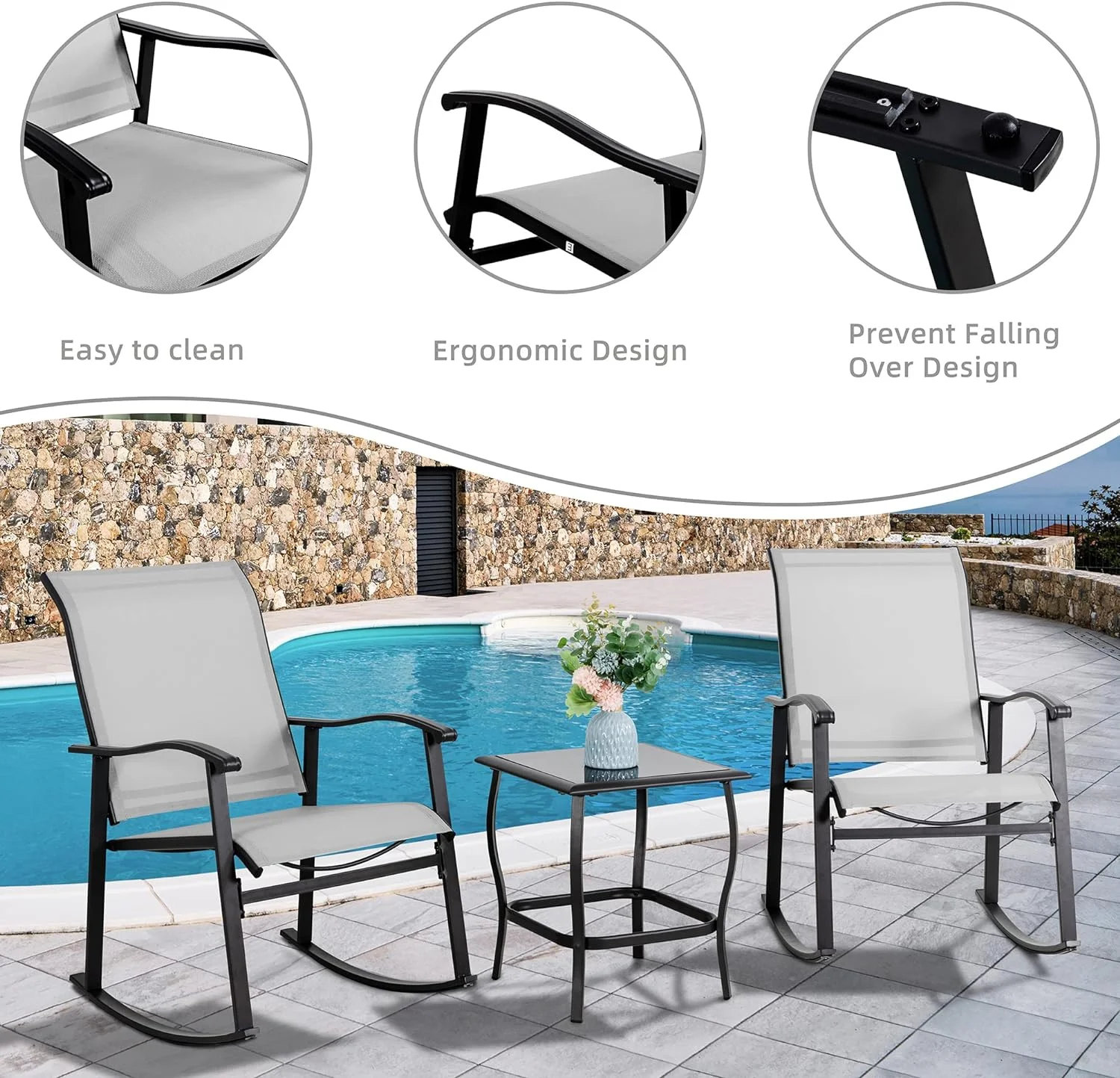 Vongrasig 3 Piece Outdoor Rocking Bistro Set, Textilene Fabric Small Patio Furniture Set, Front Porch Rocker Chairs Conversation Set with Glass Table for Lawn, Garden, Balcony, Poolside (White)