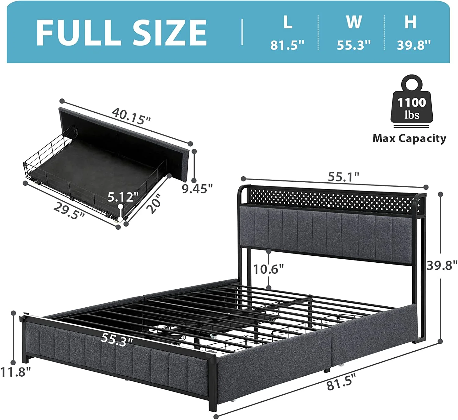 ADORNEVE Full Bed Frame with LED Headboard and 4 Drawers, Upholstered Metal Platform Bed with USB Ports & Charging Outlets, Verticle Channel Tufting, Dark Gray