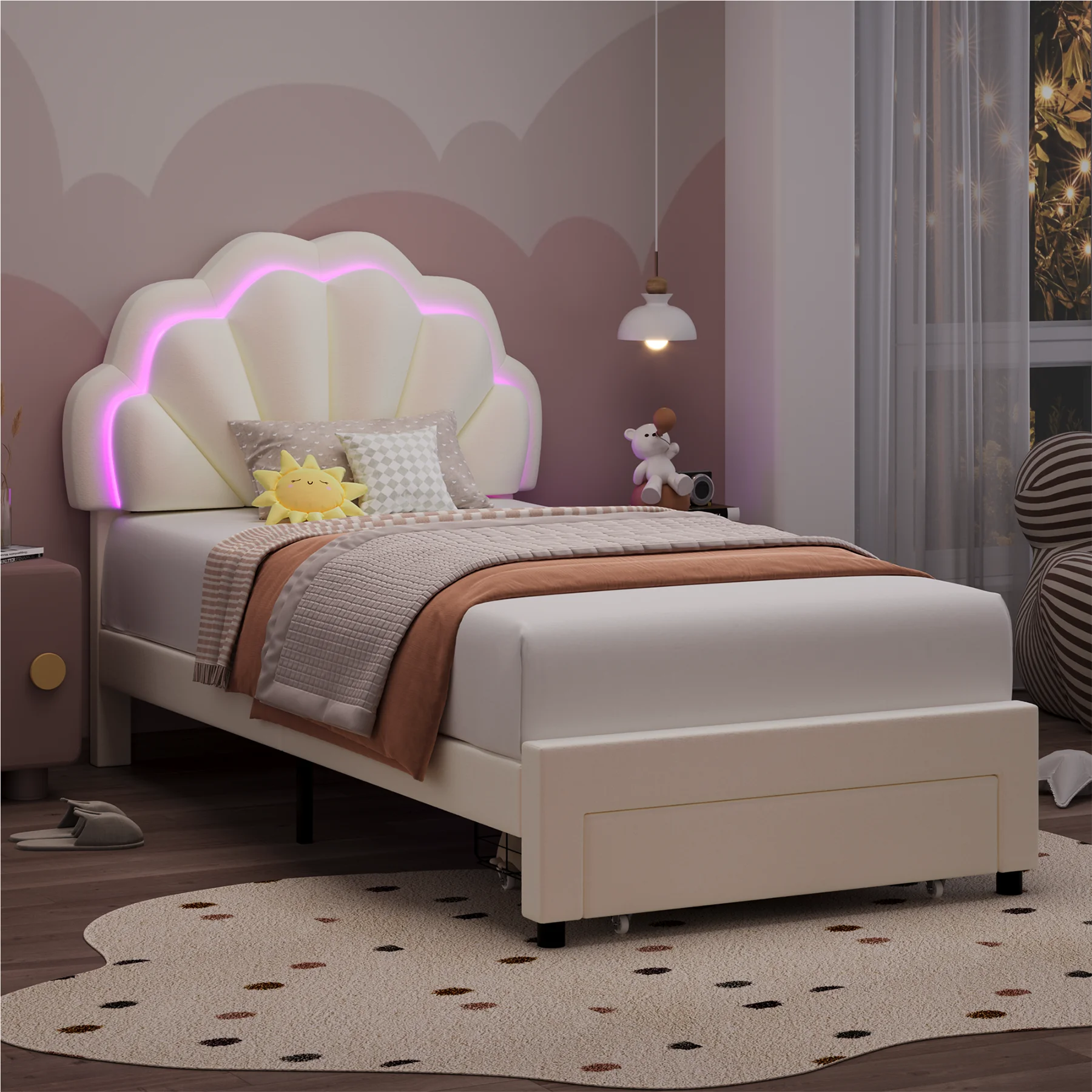 Homfa Twin Size LED Bed Frame with Drawer, Velvet Upholstered Platform Bed with Adjustable Petal Headboard for Kid, Beige