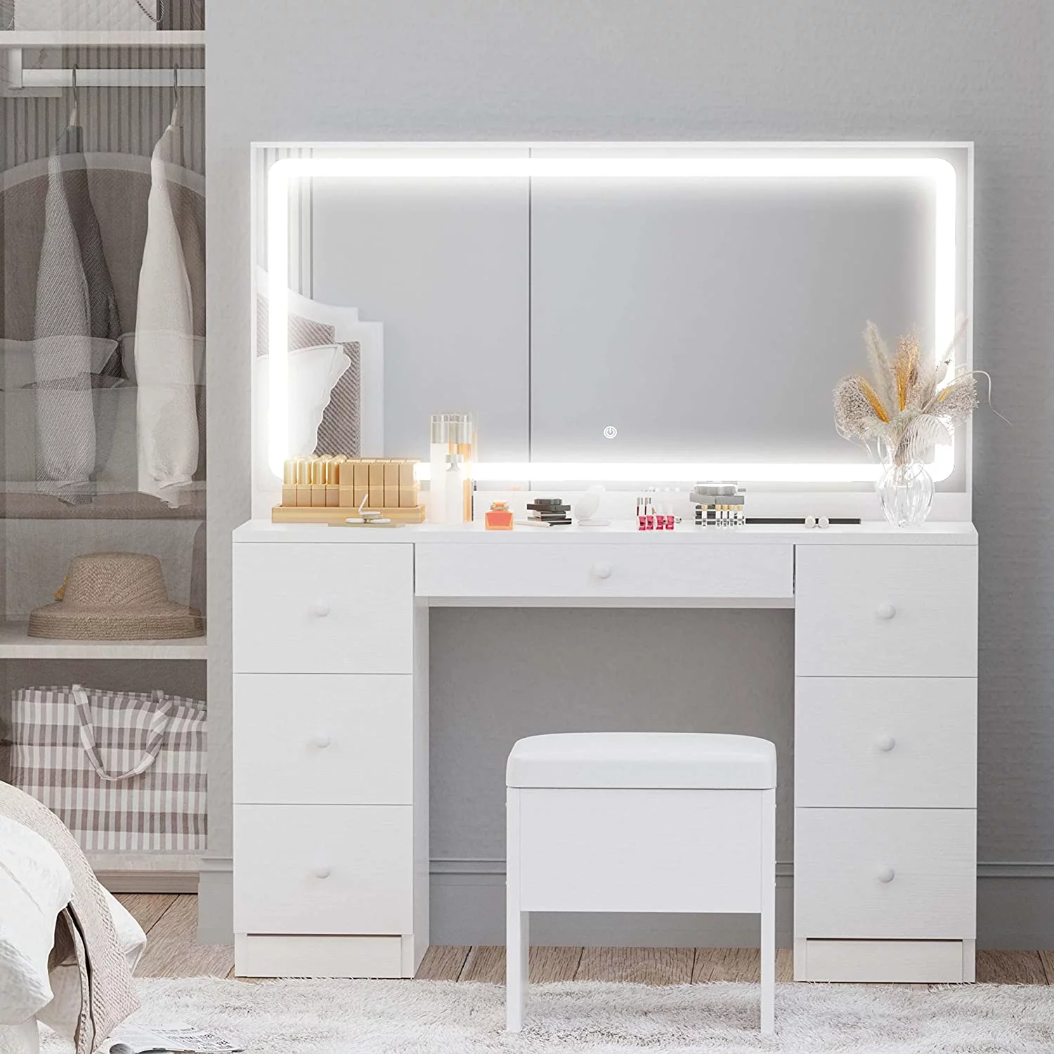 IRONCK Vanity Desk Set with LED Lighted Mirror & Power Outlet, 7 Drawers Makeup Vanities Dressing Table with Stool, for Bedroom, White