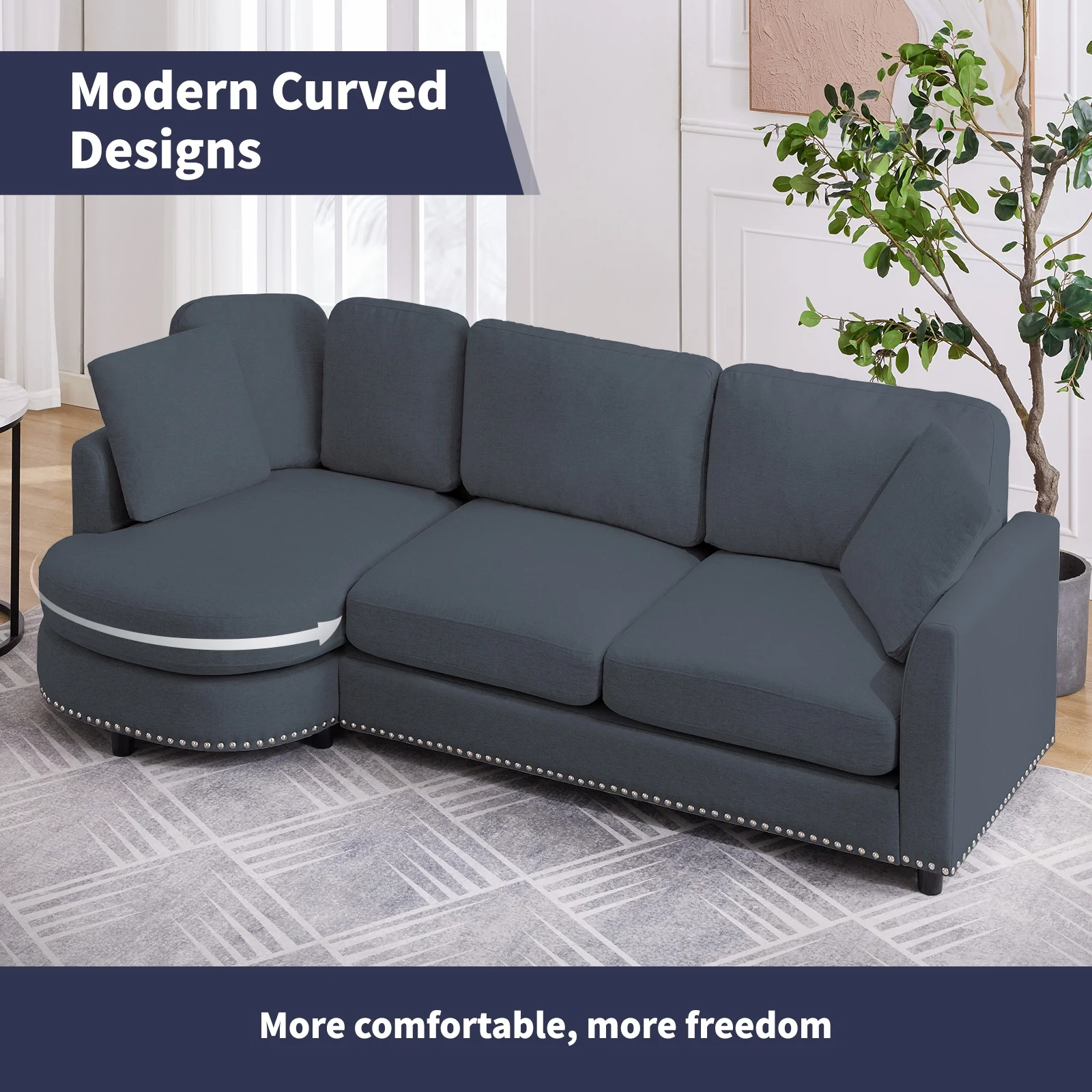 ZAFLY 3 Seater Sofa Couch, L Shaped Couch with Chaise, Curved Couches for Living Room - Dark Grey