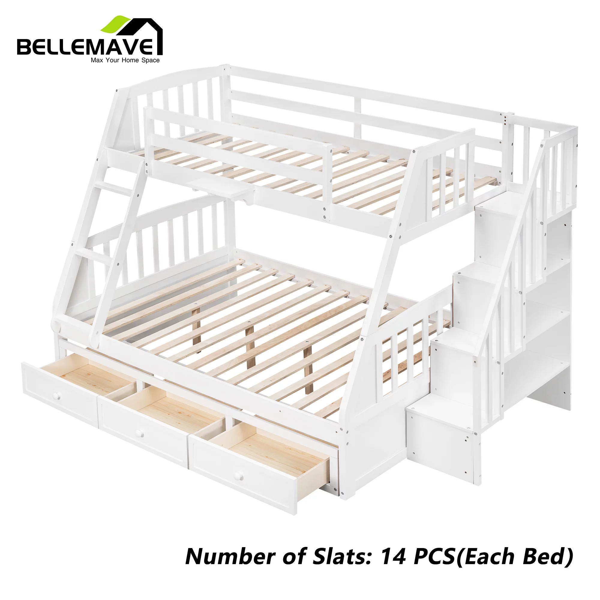 BELLEMAVE Twin over Full Bunk Bed with there drawer, bulid in ladder and storage stairs, Convertible into 2 beds, Kids bunk bed /Wood Bunk Bed for Kids, Teens(White)