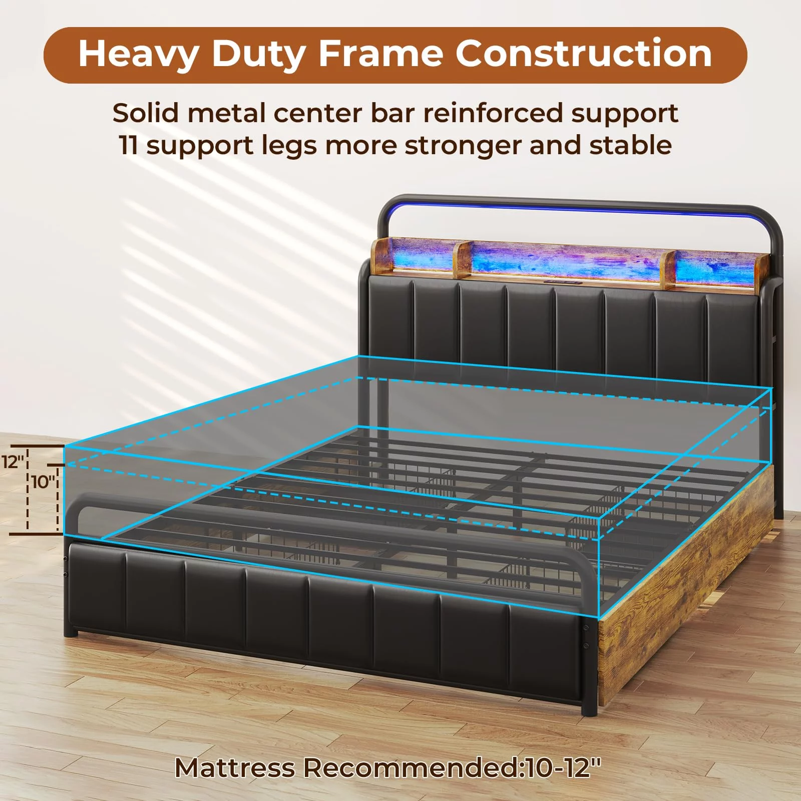 Queen Size Bed Frame with Storage Headboard & Hidden Storage Metal Platform LED Bed Frame with 4 Drawers & Charging Station,Upholstered Headboard,Noise-Free,Black