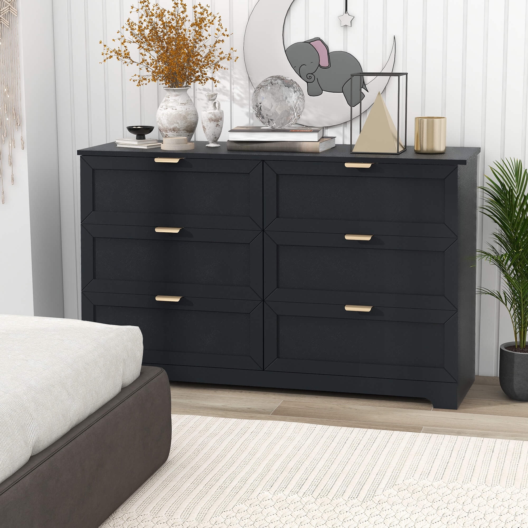 6 Drawer Dresser for Bedroom, Modern Long Dresser Chest With Large Drawer, Wooden Chest of Dresser Storage Cabinet Organizer Unit Black