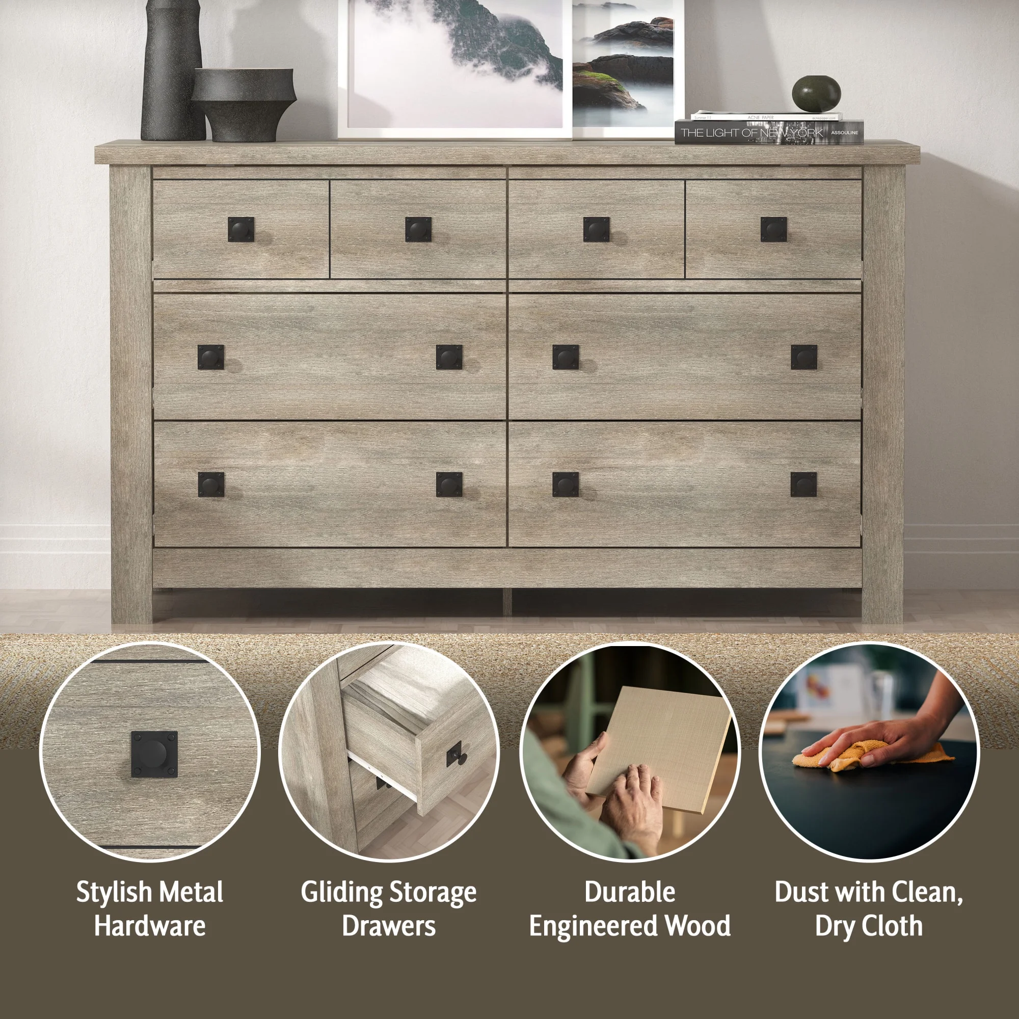 Hillsdale Addison Farmhouse 6 Drawer Dresser, Driftwood Gray