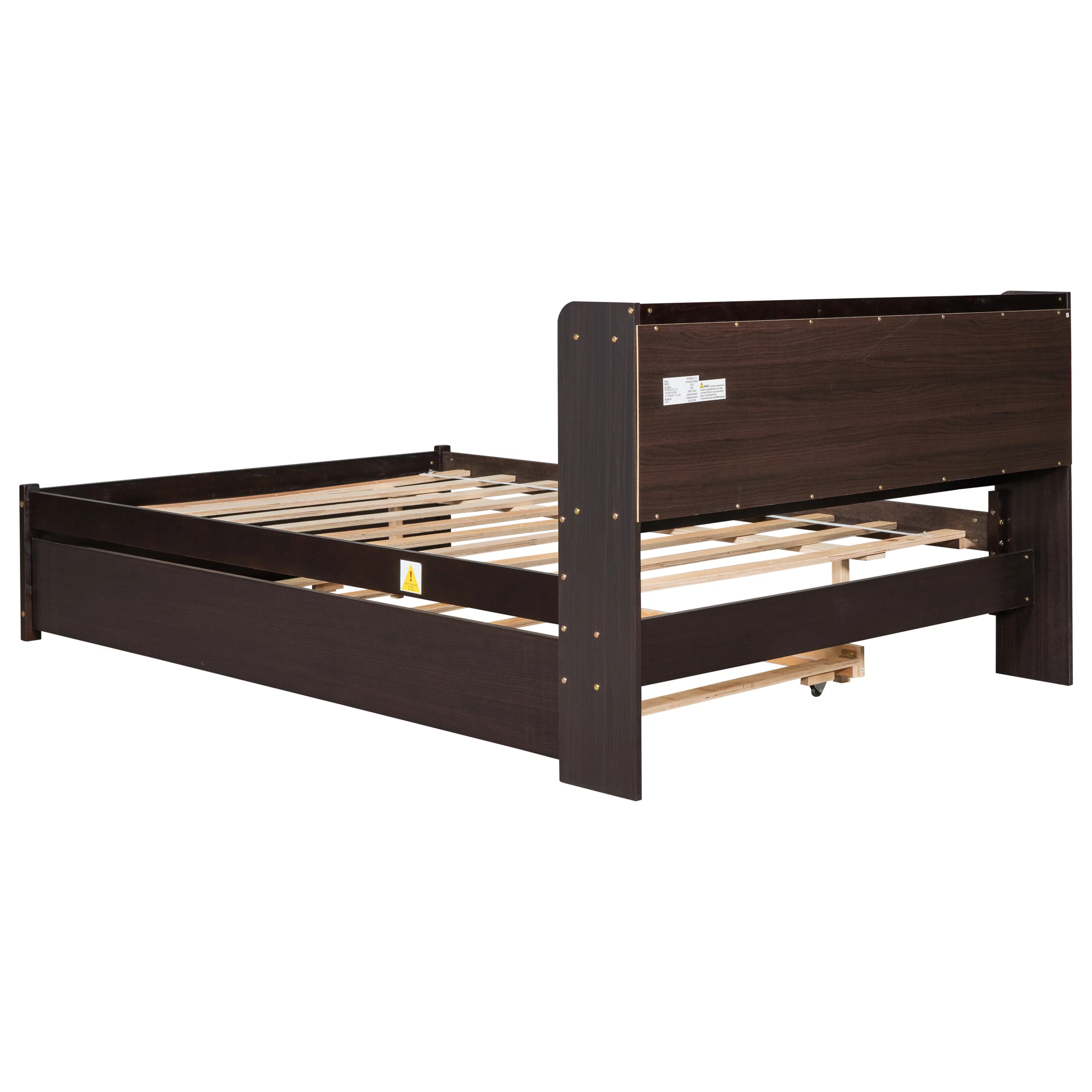 uhomepro Full Bed Frame with Bookcase Headboard and Trundle, Upgrade Pine Wood Platform Bed Frame for Kids, Modern Kids Bed Furniture for Bedroom, No Box Spring Needed, Espresso