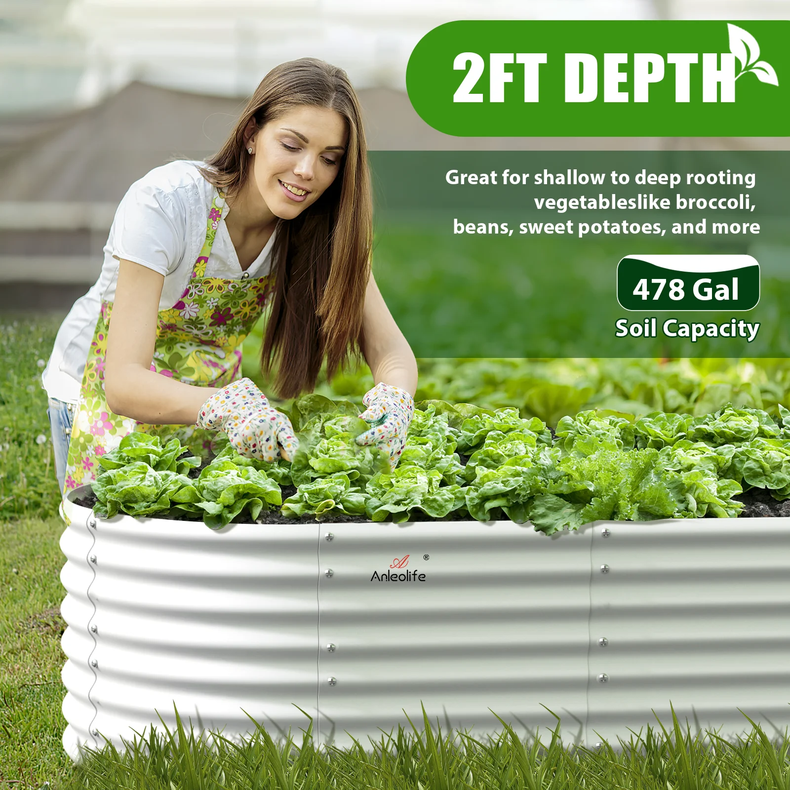TRAMULL 8X4X2ft Galvanized Raised Garden Bed, Oval Above Ground Modular Metal Outdoor Planter Boxes(Antique White)